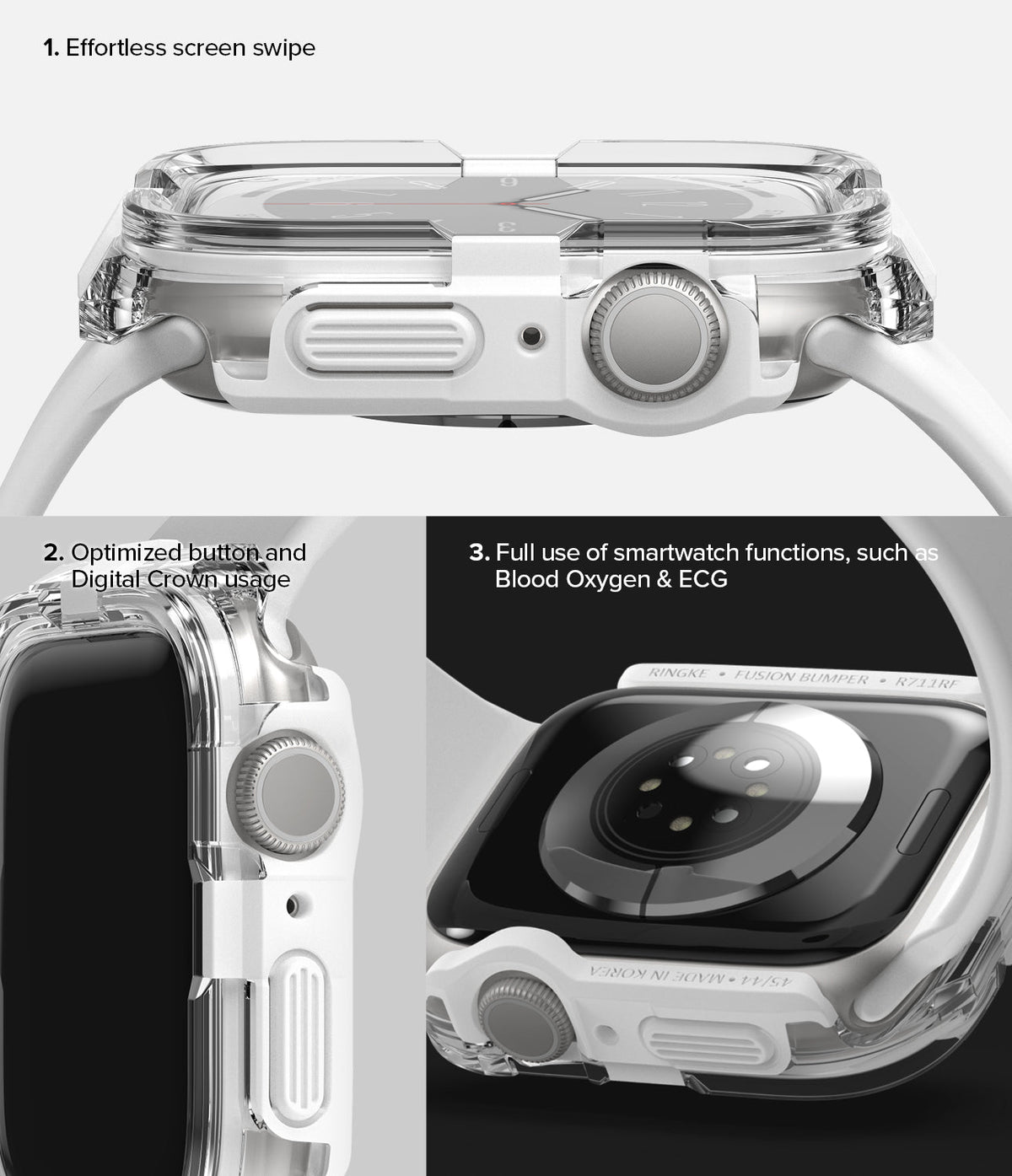 Apple Watch Series (45mm / 44mm) Case | Fusion Bumper - Three views showing clear bumper case features and button access.