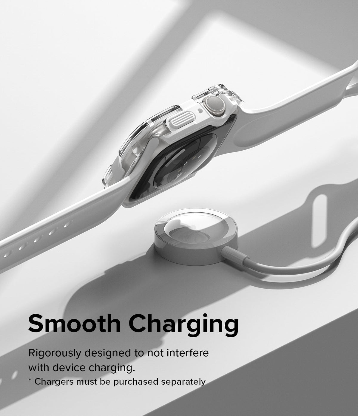 Apple Watch Series (45mm / 44mm) Case | Fusion Bumper - Clear watch bumper case hovering above a magnetic charger.