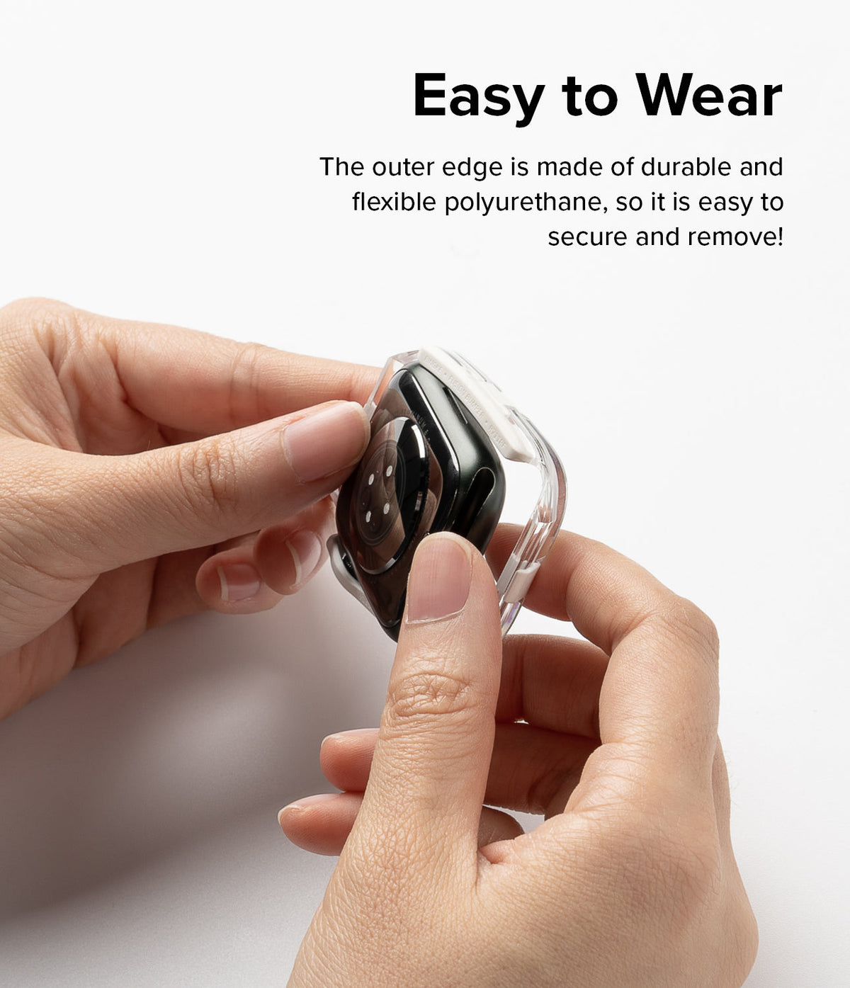 Apple Watch Series (45mm / 44mm) Case | Fusion Bumper - Hands attaching a flexible clear bumper case to an Apple Watch.