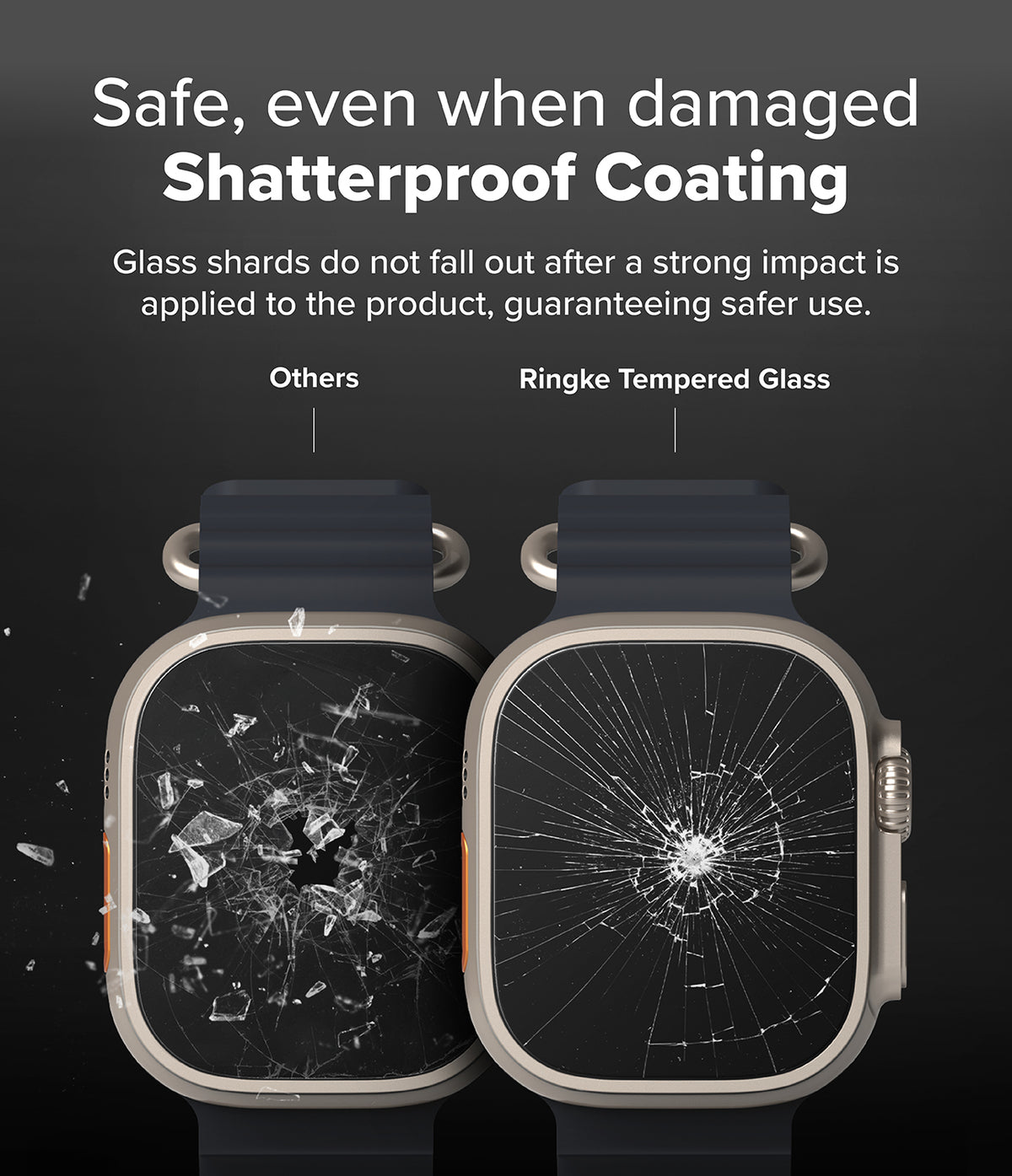 Apple Watch Ultra 3 / 2 / 1 Screen Protector | Easy Slide Tempered Glass - Comparison of shattered screen protectors.