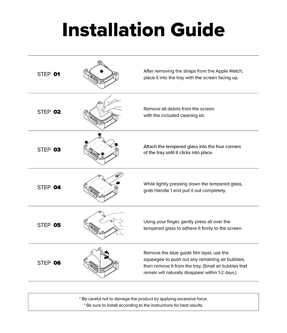 Apple Watch Ultra 3 / 2 / 1 Screen Protector | Easy Slide Tempered Glass - Apple Watch Ultra Screen Protector Installation Guide - Six-step illustrated guide for applying tempered glass.
