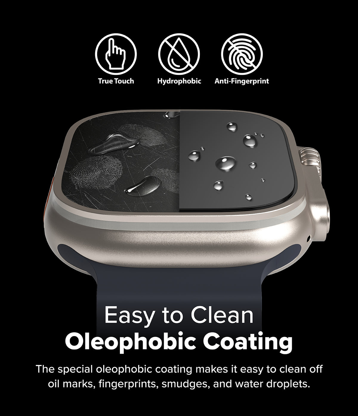 Apple Watch Ultra 3 / 2 / 1 Screen Protector | Easy Slide Tempered Glass - Apple Watch Ultra Screen Protector - Split screen showing smudged glass versus clean, water-repellent tempered glass.