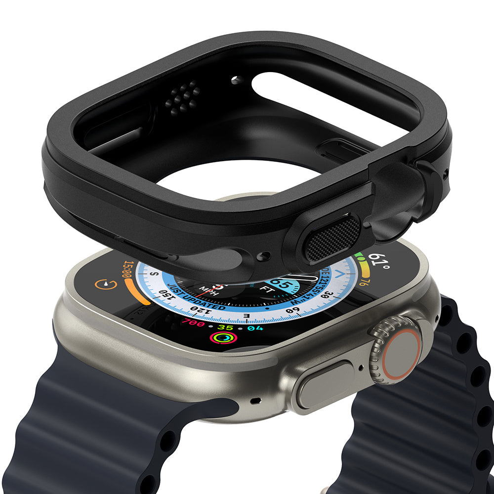 Apple Watch Ultra 3 / 2 / 1 Case | Air Sports - Black protective bumper case hovering above an Apple Watch Ultra.