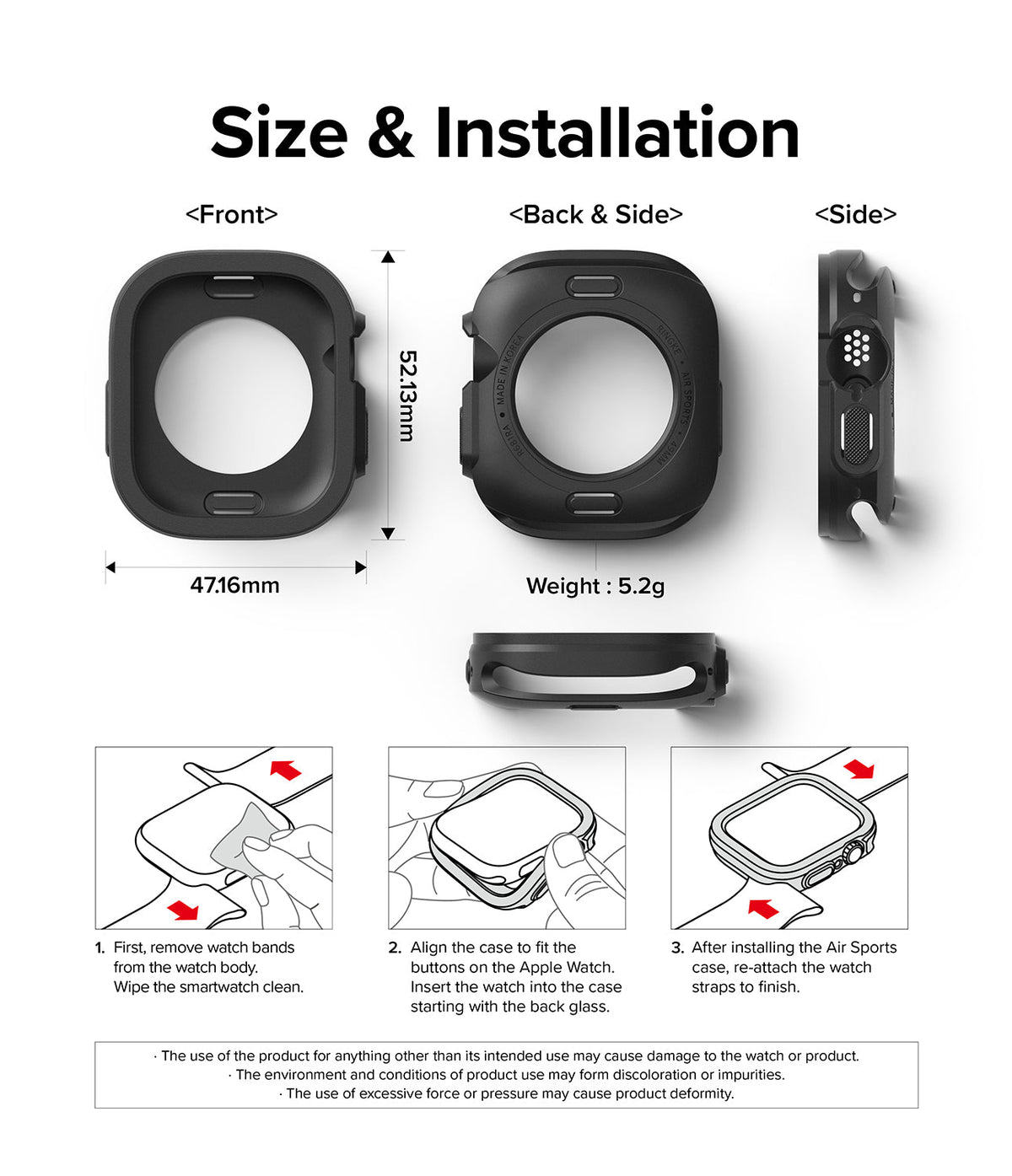 Apple Watch Ultra 3 / 2 / 1 Case | Air Sports - Dimensions, weight, and three-step installation guide for the watch case.