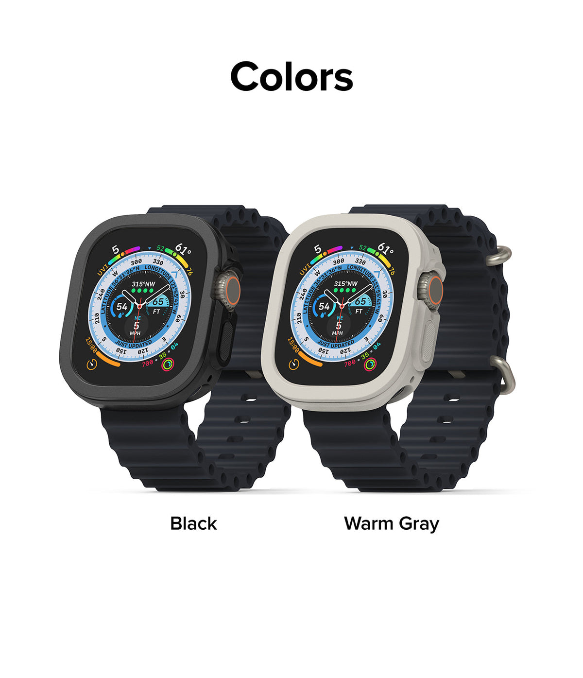 Apple Watch Ultra 3 / 2 / 1 Case | Air Sports - Two Apple Watches in black and warm gray protective cases with bands.