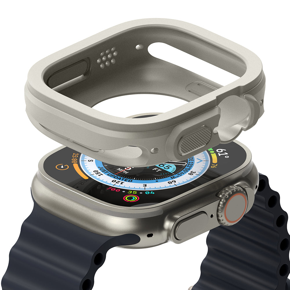 Apple Watch Ultra 3 / 2 / 1 Case | Air Sports - A light gray protective case hovering above an Apple Watch Ultra.