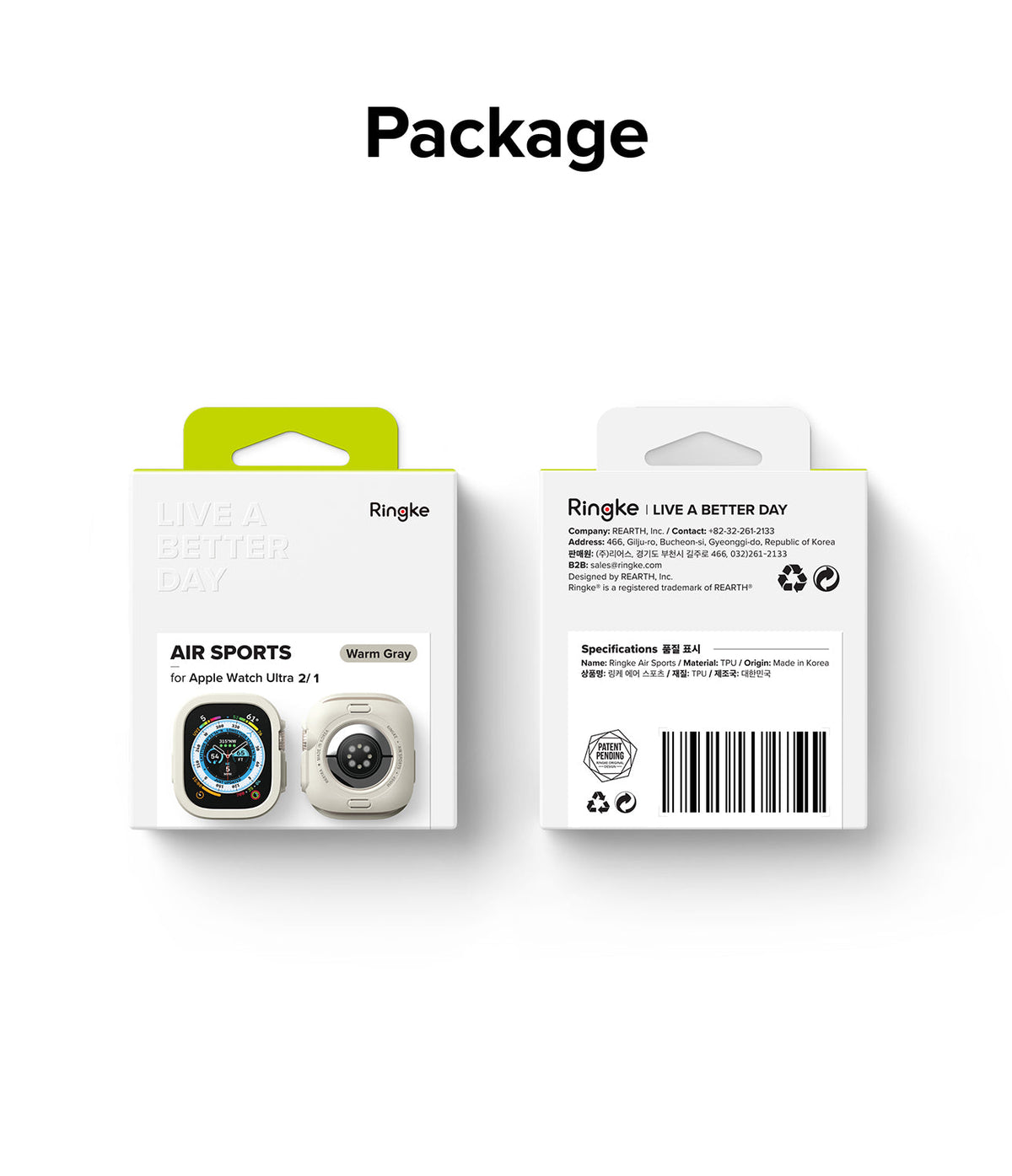 Apple Watch Ultra 3 / 2 / 1 Case | Air Sports - Front and back view of Ringke Air Sports packaging in warm gray.