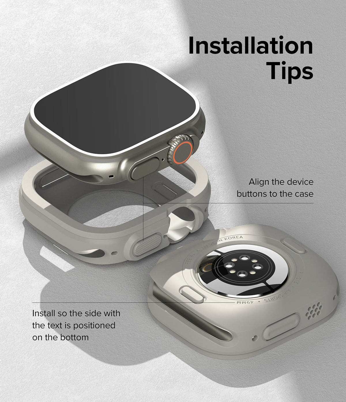 Apple Watch Ultra 3 / 2 / 1 Case | Air Sports - Diagram showing how to align and install a protective case onto an Apple Watch.