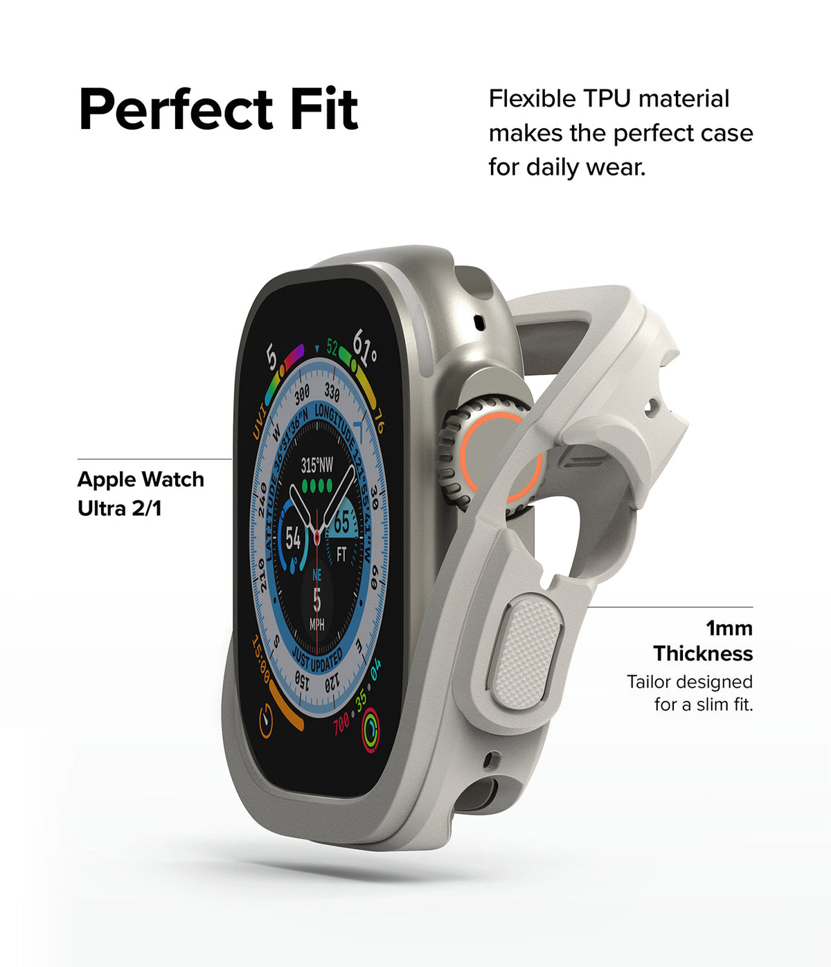 Apple Watch Ultra 3 / 2 / 1 Case | Air Sports - A light gray, 1mm thin TPU protective case being fitted onto an Apple Watch Ultra.