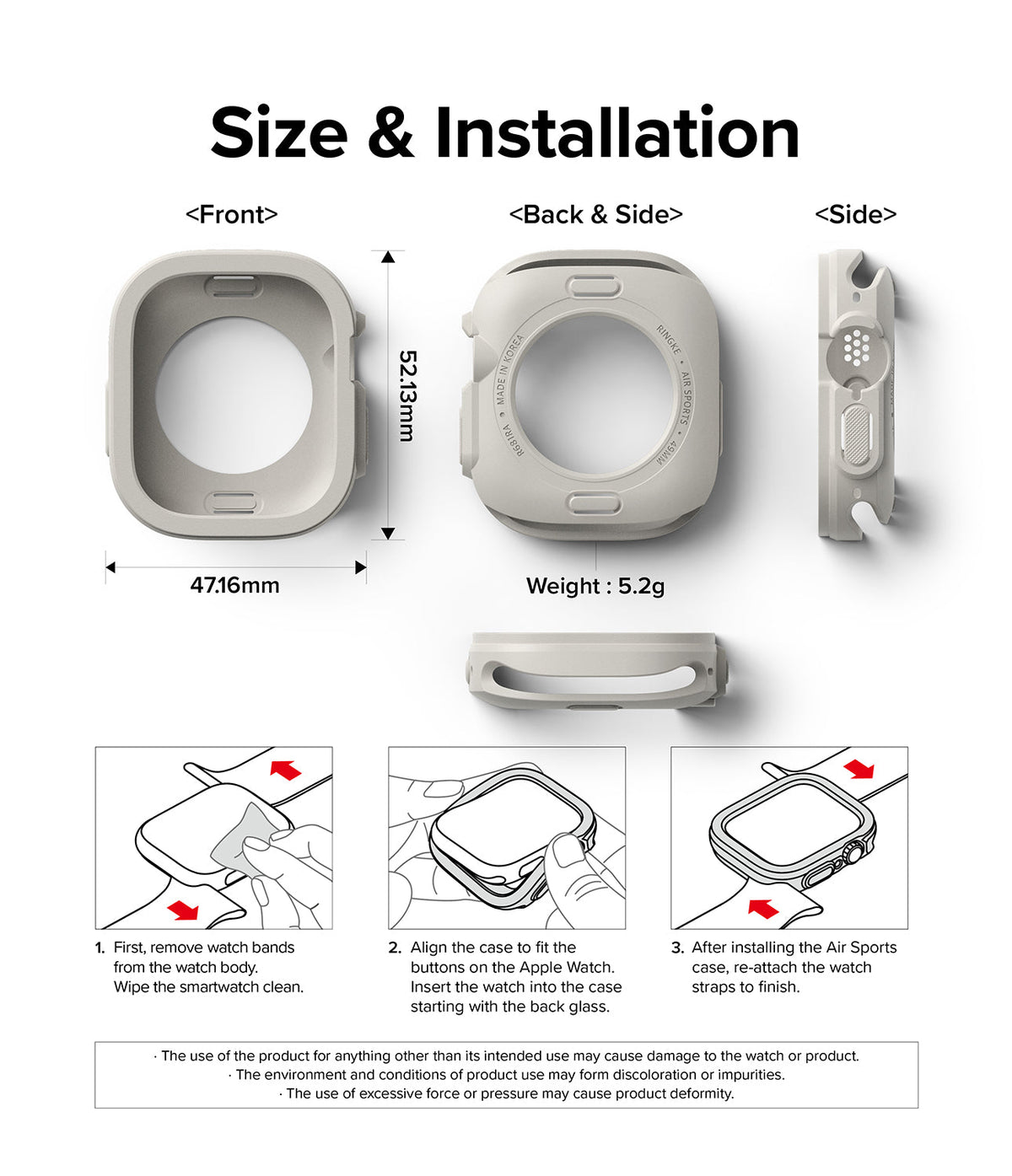 Apple Watch Ultra 3 / 2 / 1 Case | Air Sports - Apple Watch Ultra Case - Technical diagram showing dimensions, weight, and three-step installation guide for the case.