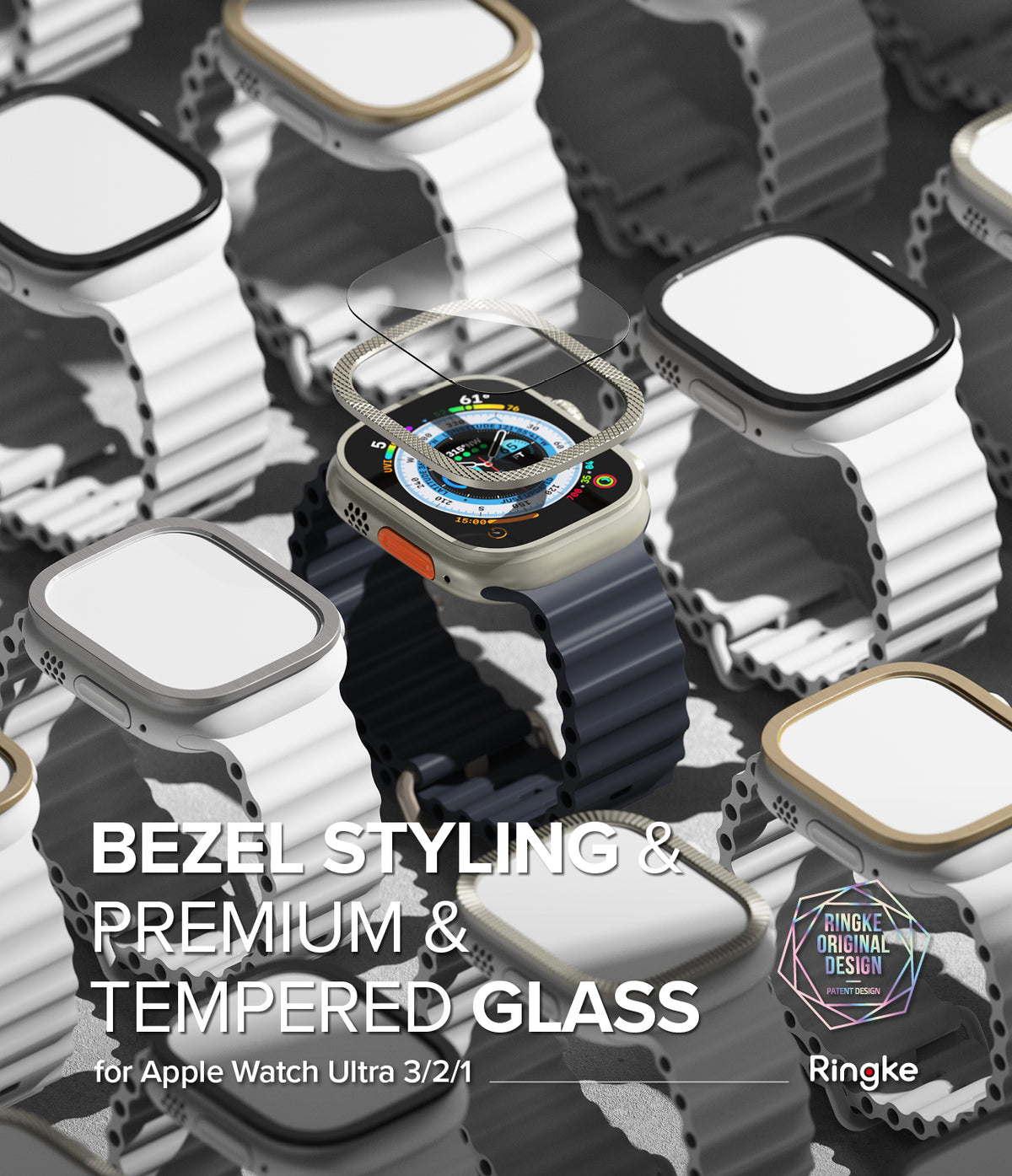 Apple Watch Ultra 3 / 2 / 1 | Glass + Bezel Styling Combo - Exploded view of watch bezel and glass screen protector.