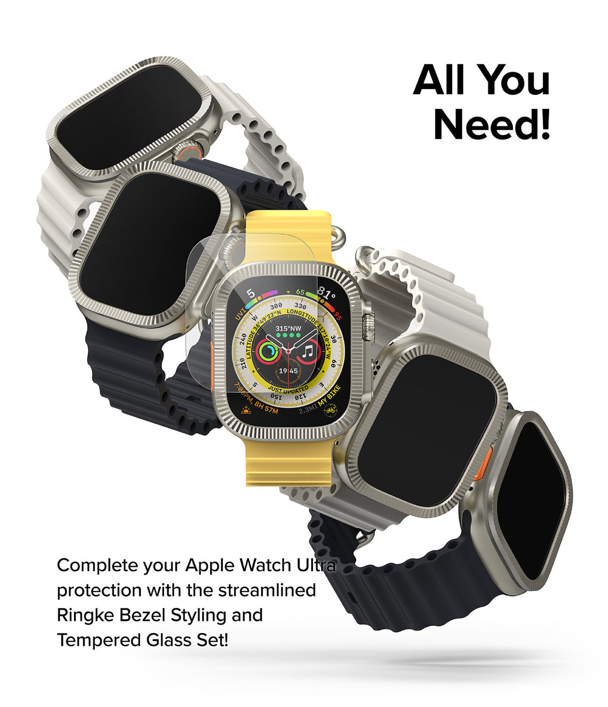 Apple Watch Ultra 3 / 2 / 1 | Glass + Bezel Styling Combo - Multiple Apple Watch Ultras with protective bezels and glass.