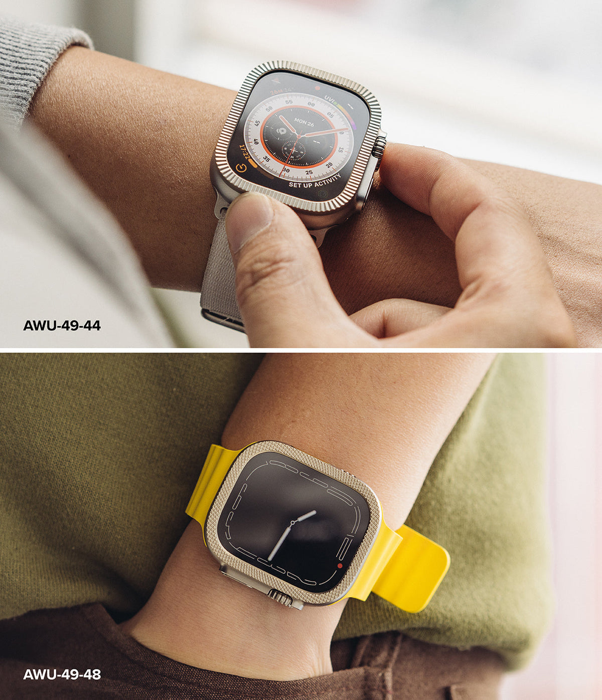 Apple Watch Ultra 3 / 2 / 1 | Glass + Bezel Styling Combo - Apple Watch Ultra Styling Combo - Two views of an Apple Watch Ultra featuring a protective metal bezel and glass screen.
