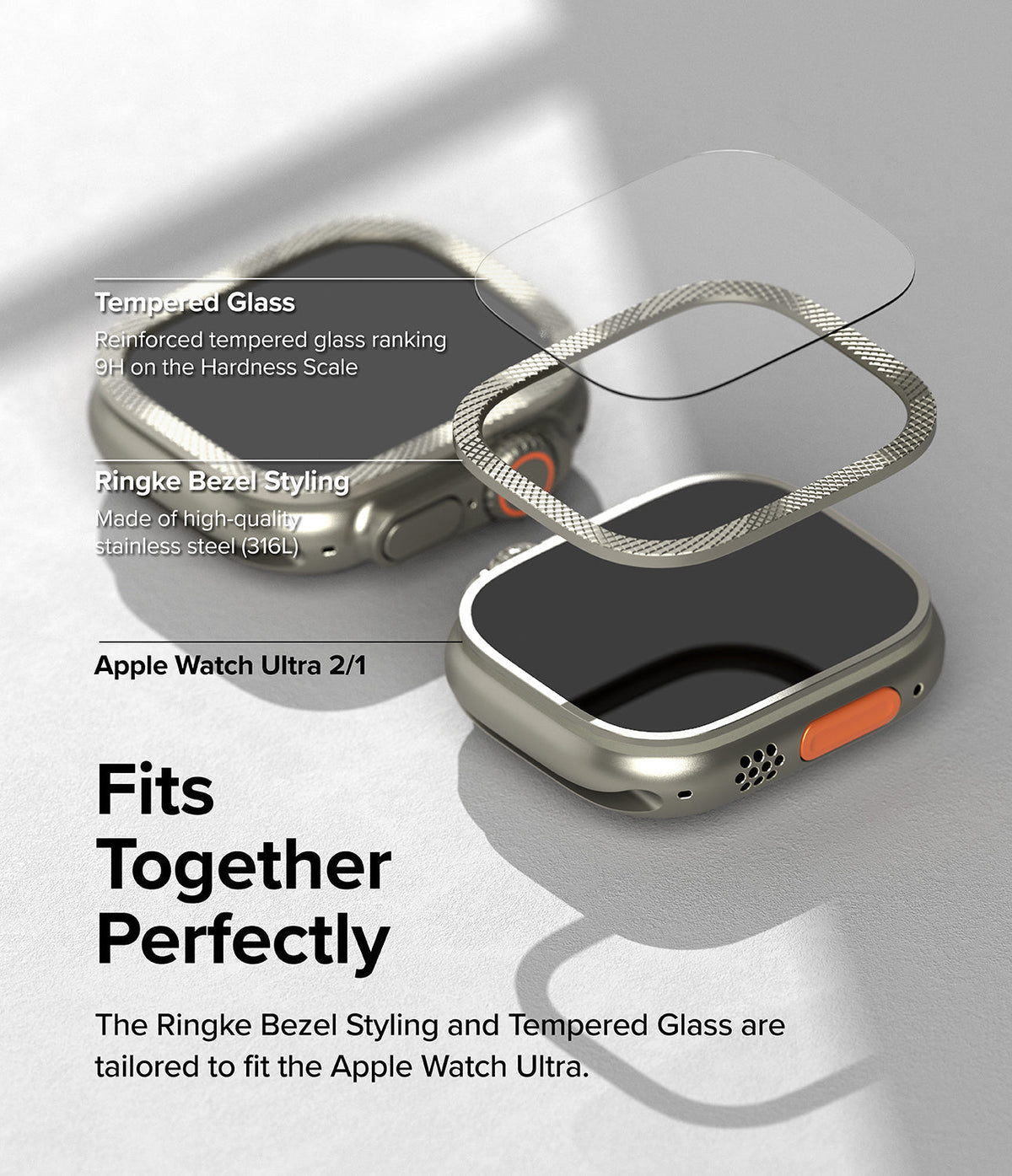 Apple Watch Ultra 3 / 2 / 1 | Glass + Bezel Styling Combo - Exploded view of tempered glass and stainless steel bezel.