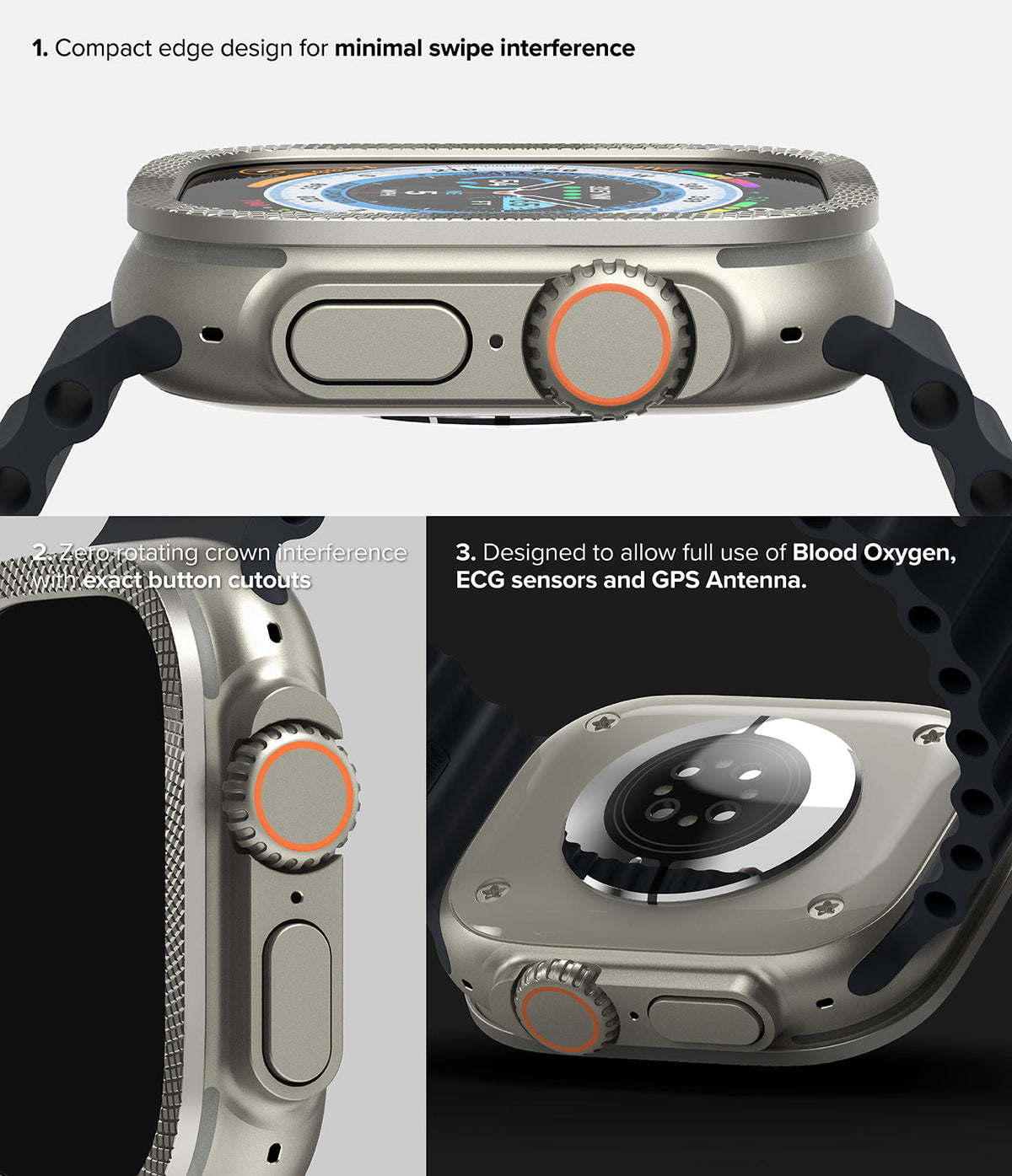 Apple Watch Ultra 3 / 2 / 1 | Glass + Bezel Styling Combo - Close-up views of watch case showing precise cutouts.
