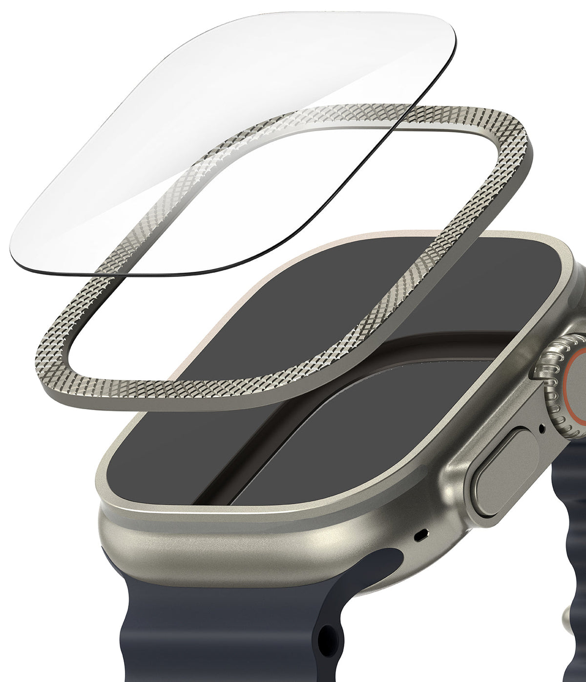 Apple Watch Ultra 3 / 2 / 1 | Glass + Bezel Styling Combo - Apple Watch Ultra 3 / 2 / 1 - Exploded view of a screen protector and textured metal bezel hovering above an Apple Watch.