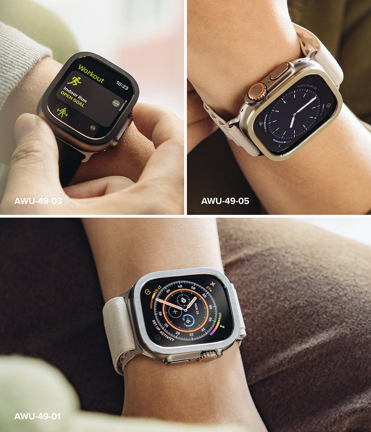 Apple Watch Ultra 3 / 2 / 1 | Glass + Bezel Styling Combo - Three close-up views of Apple Watches with protective bezels.