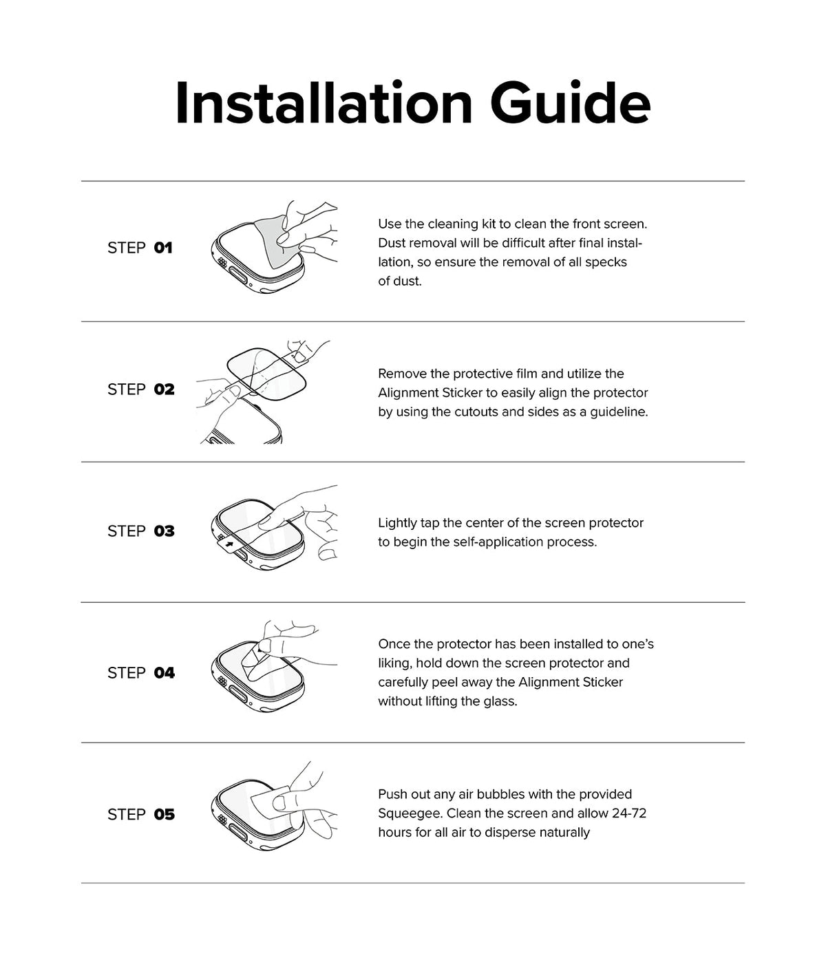 Apple Watch Ultra 3 / 2 / 1 | Glass + Bezel Styling Combo - Five-step illustrated guide for installing a screen protector.