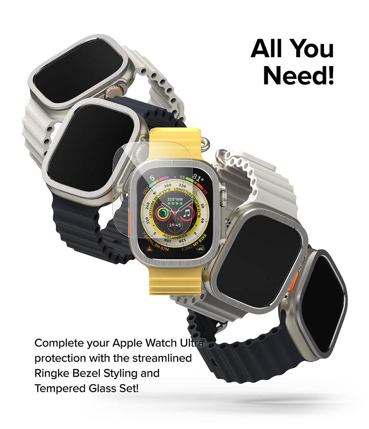 Apple Watch Ultra 3 / 2 / 1 | Glass + Bezel Styling Combo - Multiple Apple Watches with protective bezels and glass.