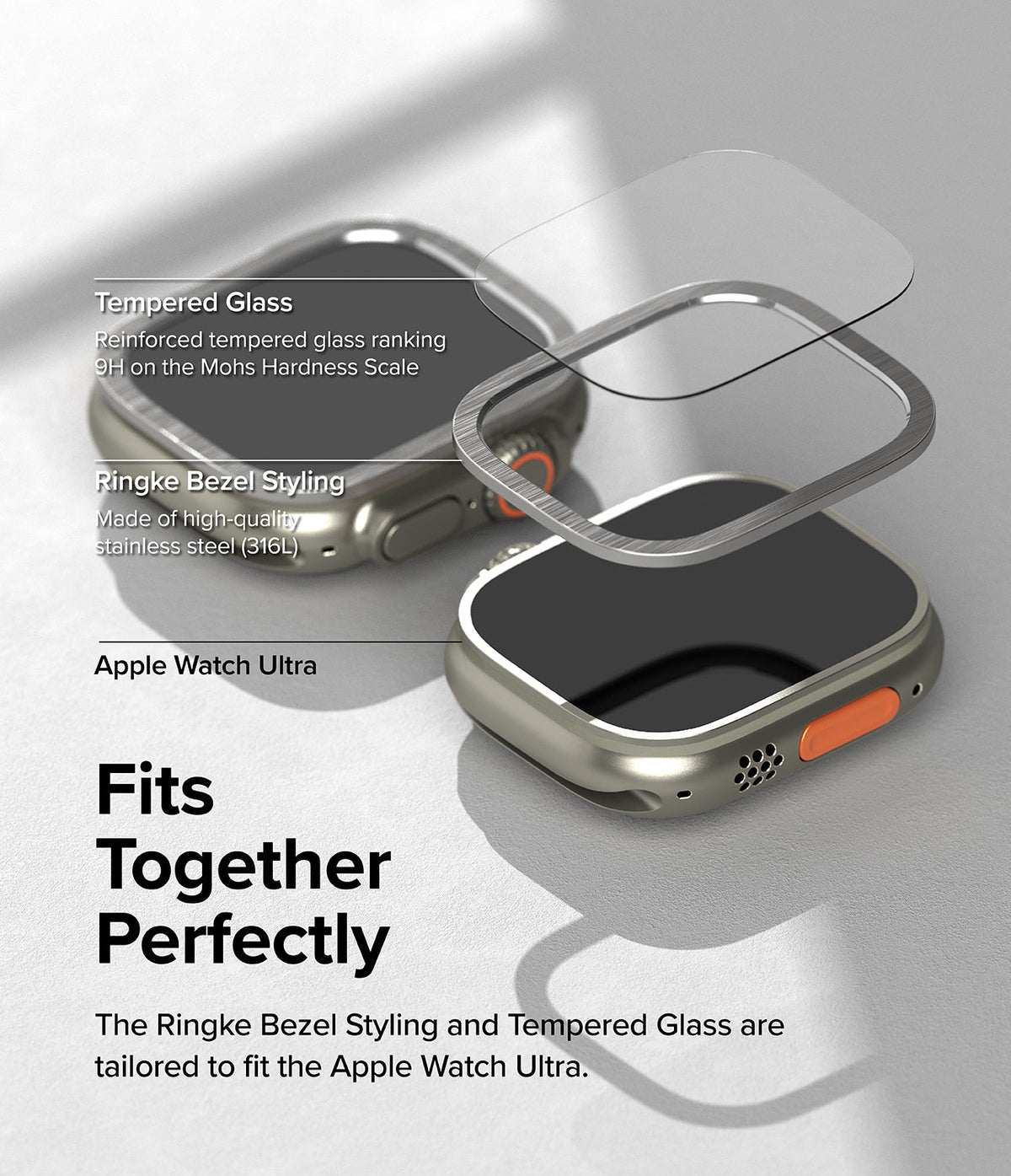 Apple Watch Ultra 3 / 2 / 1 | Glass + Bezel Styling Combo - Exploded view of tempered glass and stainless steel bezel.