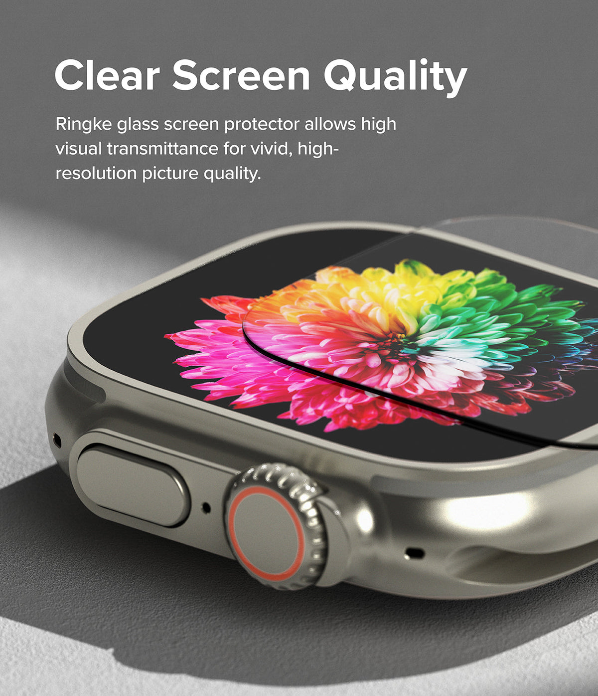 Apple Watch Ultra 3 / 2 / 1 | Glass + Bezel Styling Combo - A clear glass screen protector hovering over an Apple Watch.