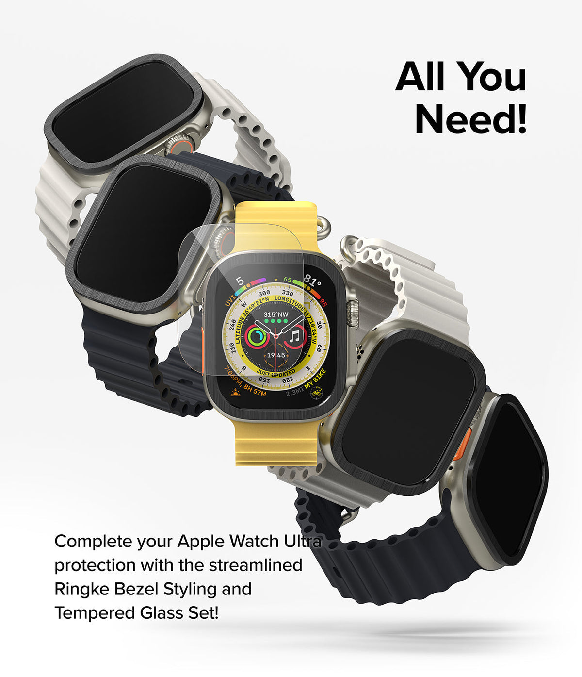 Apple Watch Ultra 3 / 2 / 1 | Glass + Bezel Styling Combo - Apple Watch Ultra with protective bezel and glass screen.