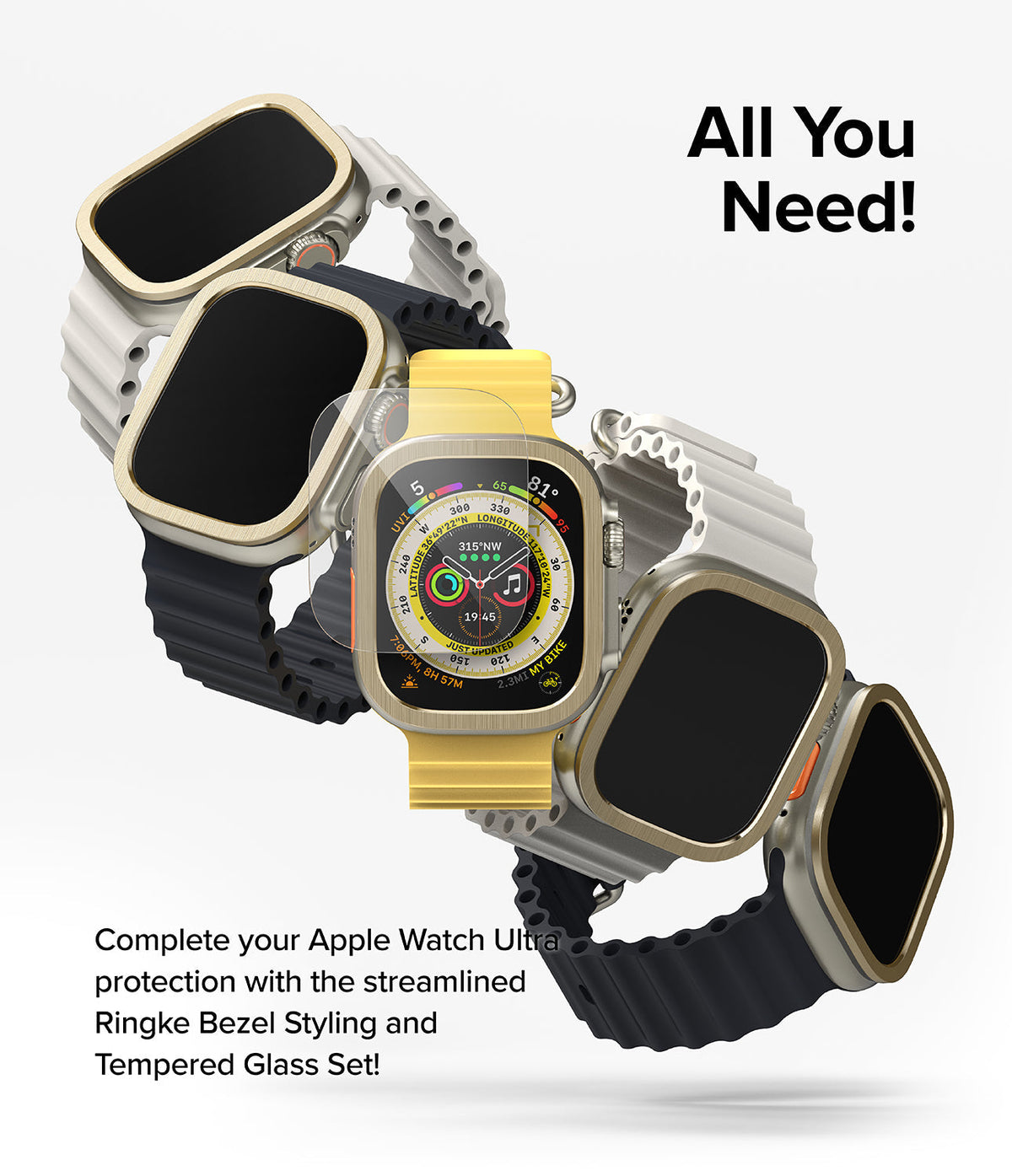 Apple Watch Ultra 3 / 2 / 1 | Glass + Bezel Styling Combo - Multiple Apple Watches with gold bezels and glass covers.