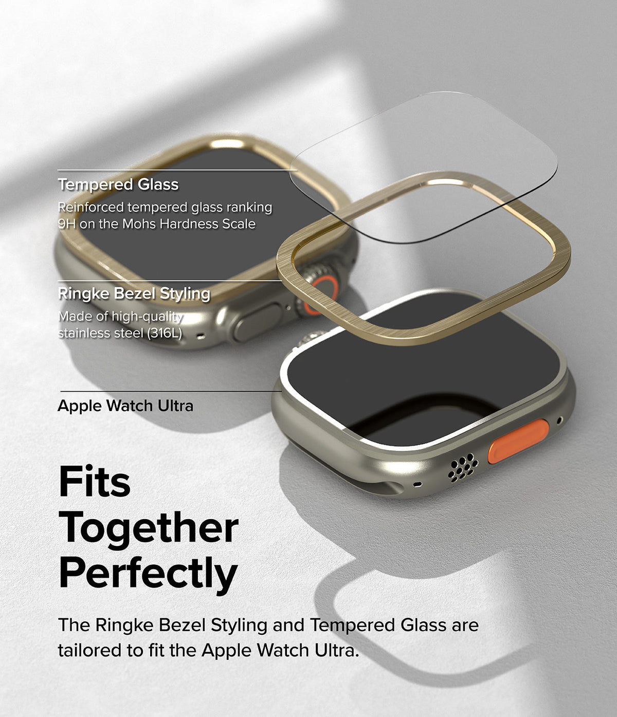 Apple Watch Ultra 3 / 2 / 1 | Glass + Bezel Styling Combo - Exploded view of tempered glass and gold bezel on watch.