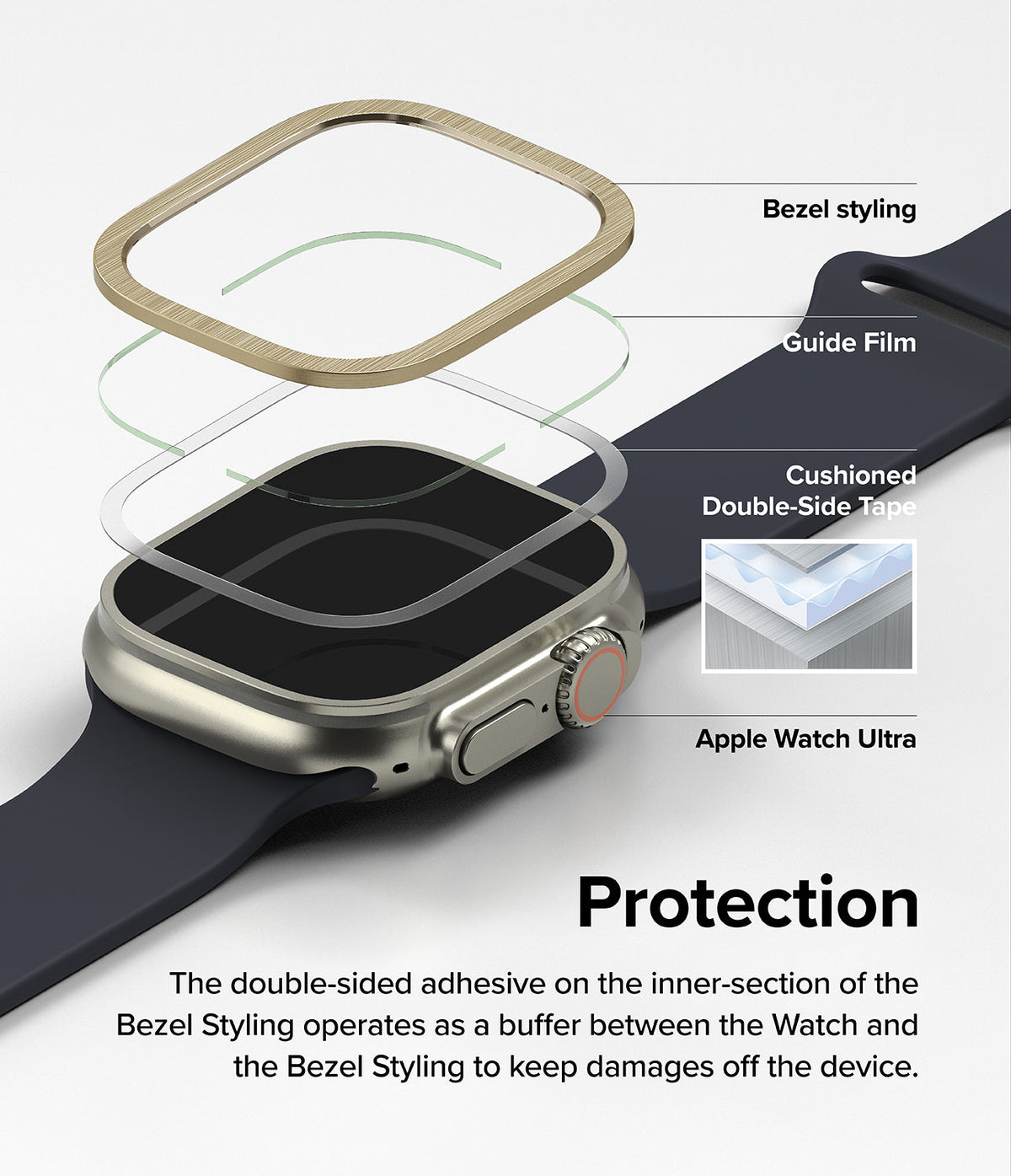 Apple Watch Ultra 3 / 2 / 1 | Glass + Bezel Styling Combo - Exploded view of Apple Watch Ultra with protective layers.