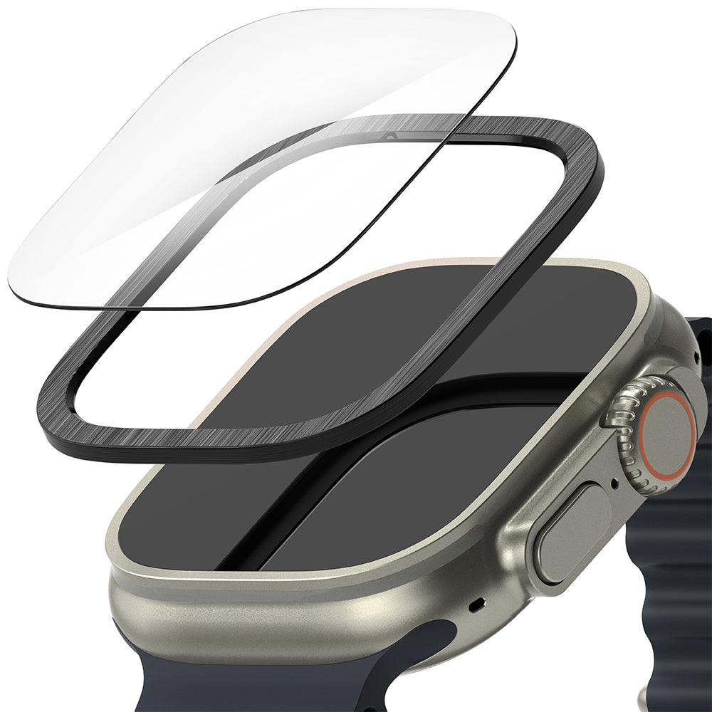 Apple Watch Ultra 3 / 2 / 1 | Glass + Bezel Styling Combo - Exploded view of a screen protector and metal bezel frame.