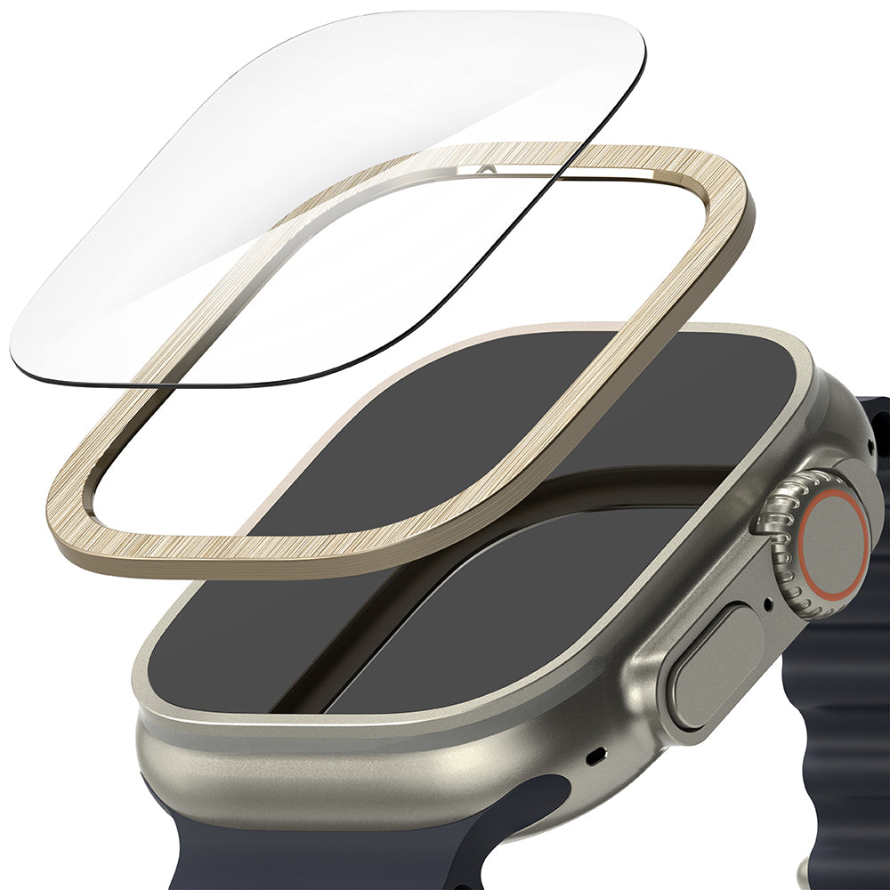 Apple Watch Ultra 3 / 2 / 1 | Glass + Bezel Styling Combo - Exploded view of a screen protector and gold bezel overlay.