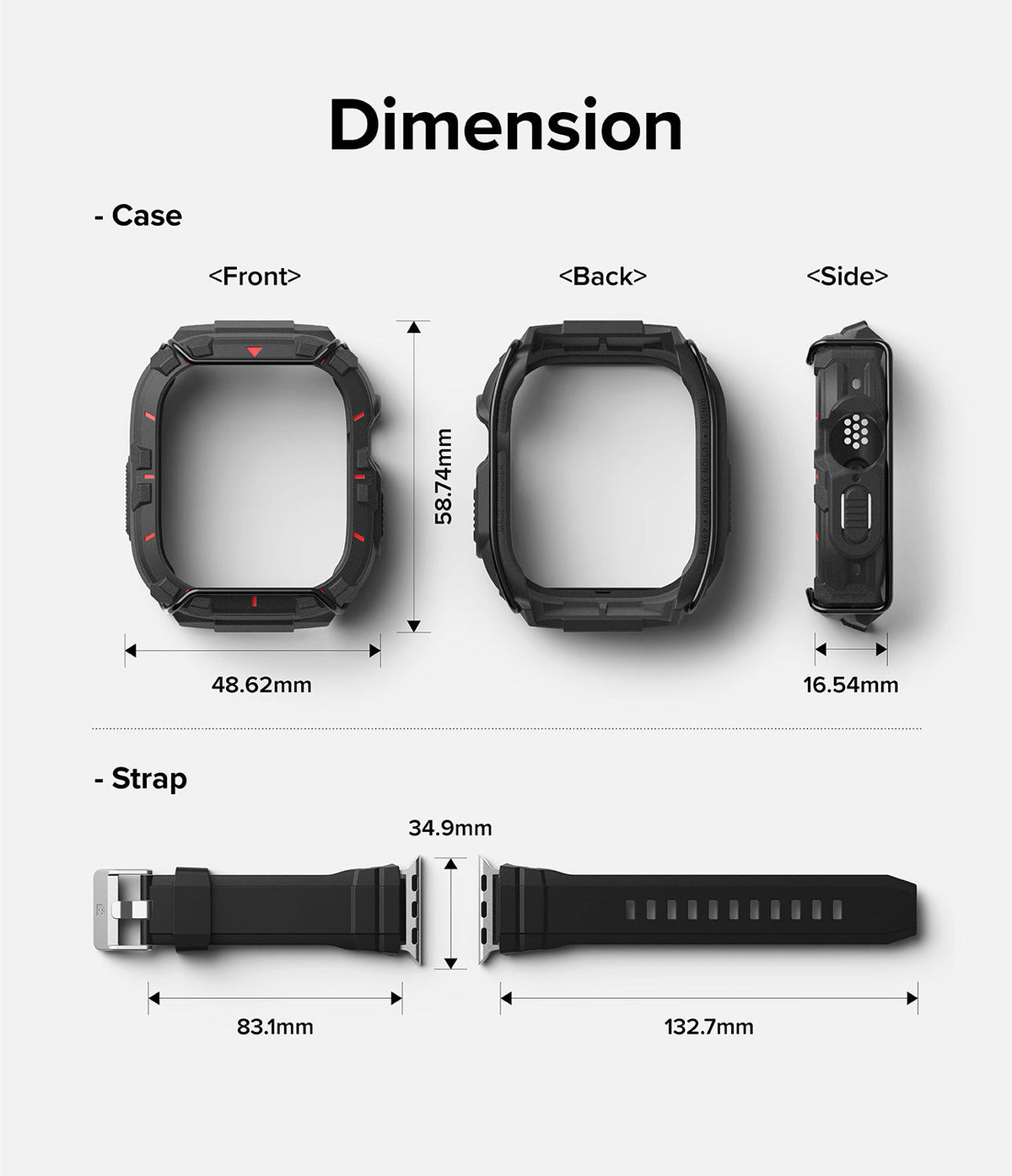 Apple Watch Ultra 3 / 2 / 1 Case + Band | Fusion-X Guard - Technical diagram showing dimensions of a black watch case and strap.