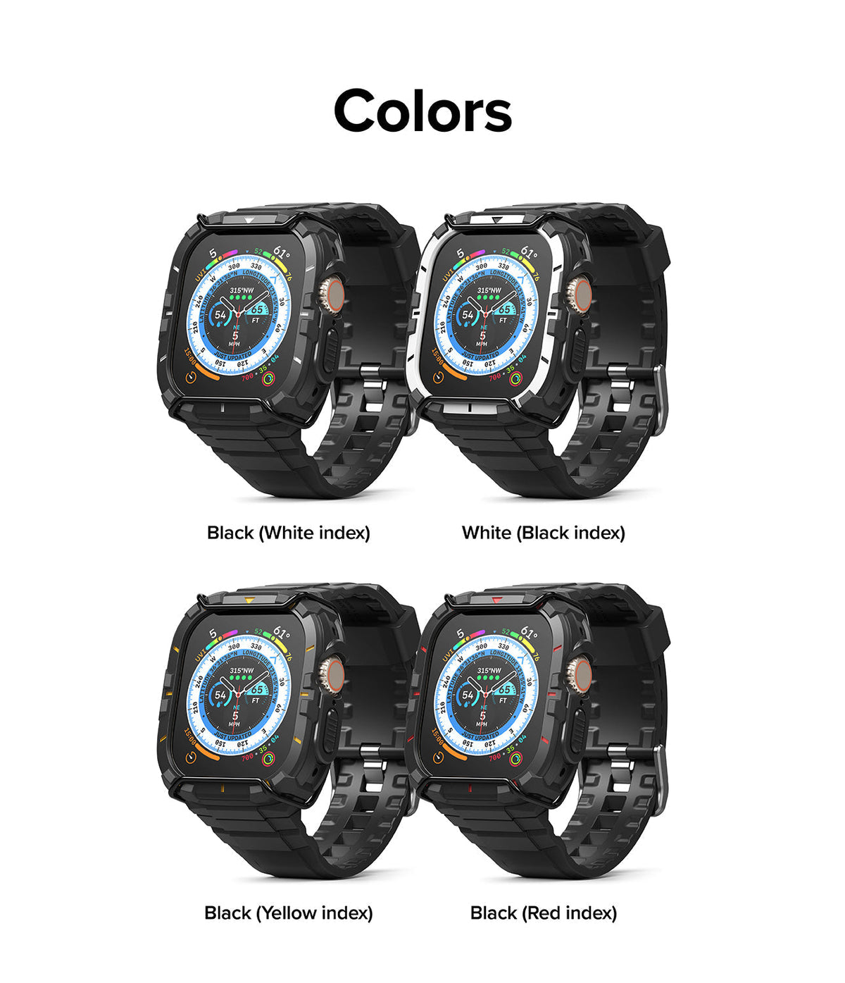 Apple Watch Ultra 3 / 2 / 1 Case + Band | Fusion-X Guard - Apple Watch Ultra Fusion-X Guard - Four rugged watch cases in black, white, yellow, and red index color variations.