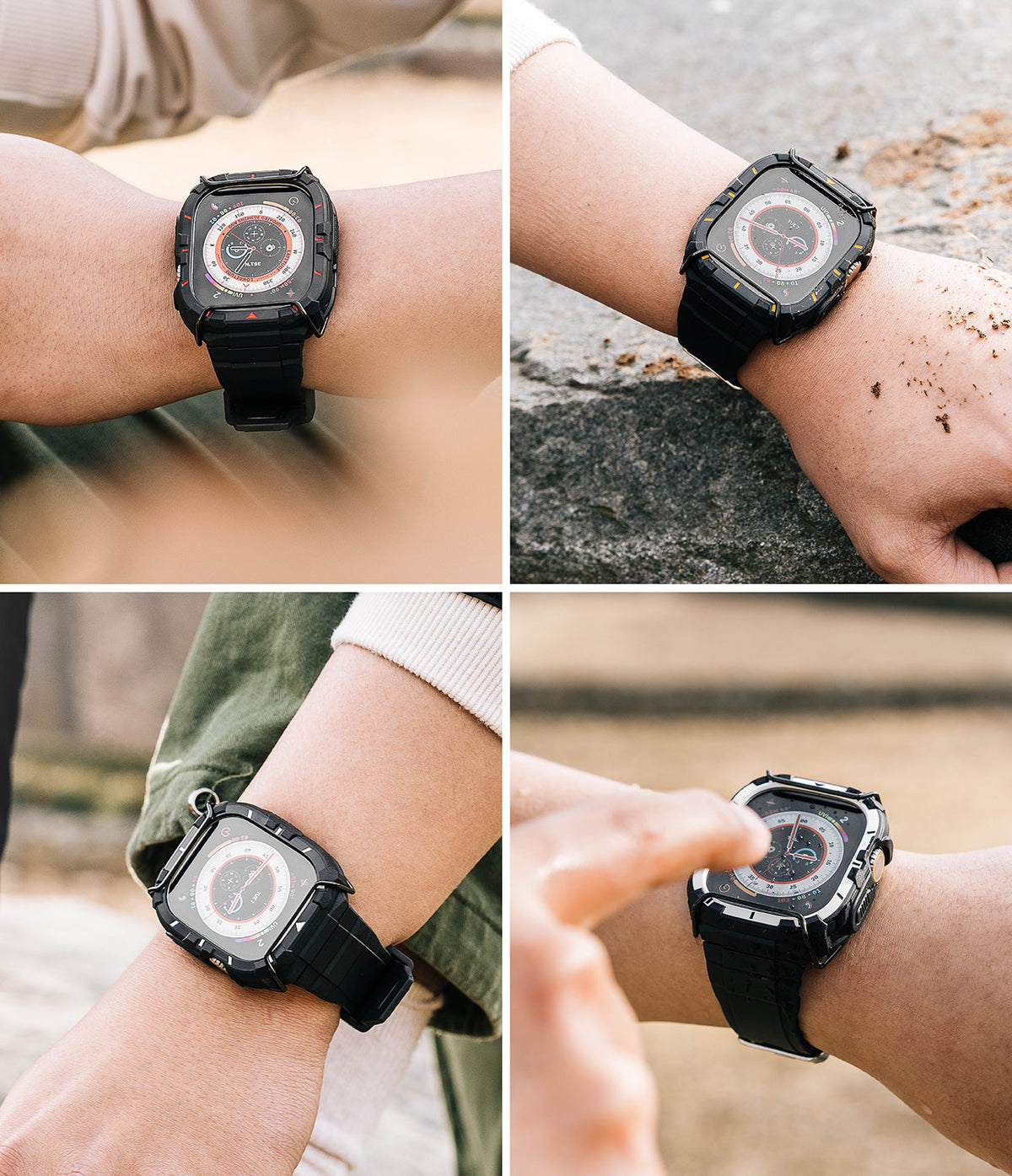 Apple Watch Ultra 3 / 2 / 1 Case + Band | Fusion-X Guard - Four views of a rugged black protective case on an Apple Watch.