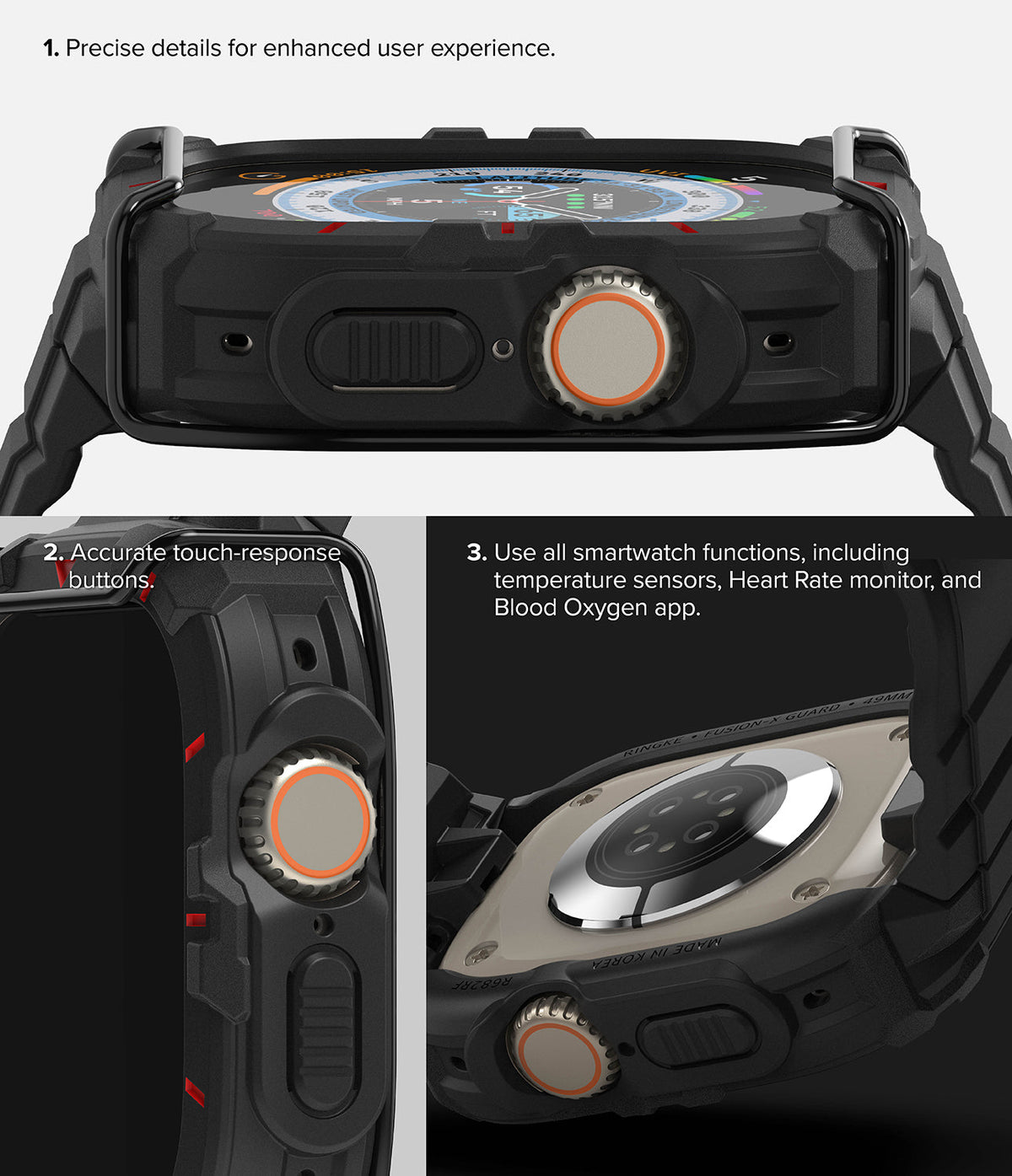 Apple Watch Ultra 3 / 2 / 1 Case + Band | Fusion-X Guard - Fusion-X Guard - Close-up views of a rugged black Apple Watch Ultra case highlighting button access and sensor exposure.