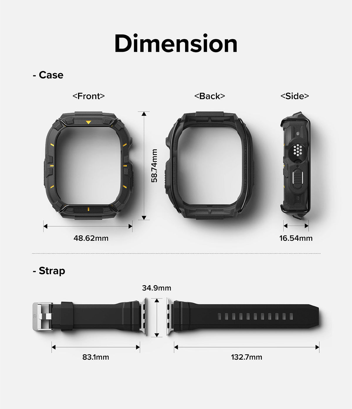 Apple Watch Ultra 3 / 2 / 1 Case + Band | Fusion-X Guard - Technical diagram showing dimensions of watch case and strap.