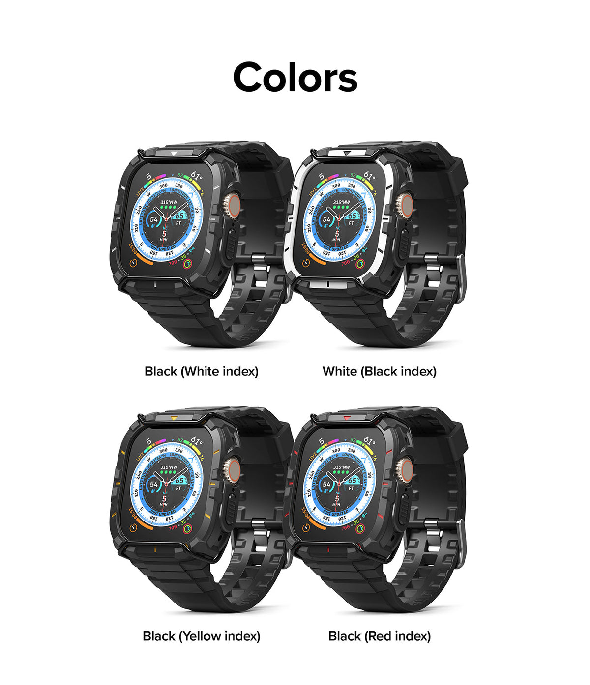Apple Watch Ultra 3 / 2 / 1 Case + Band | Fusion-X Guard - Four Apple Watch Ultra units with protective cases in black, white, yellow, and red index color variations.