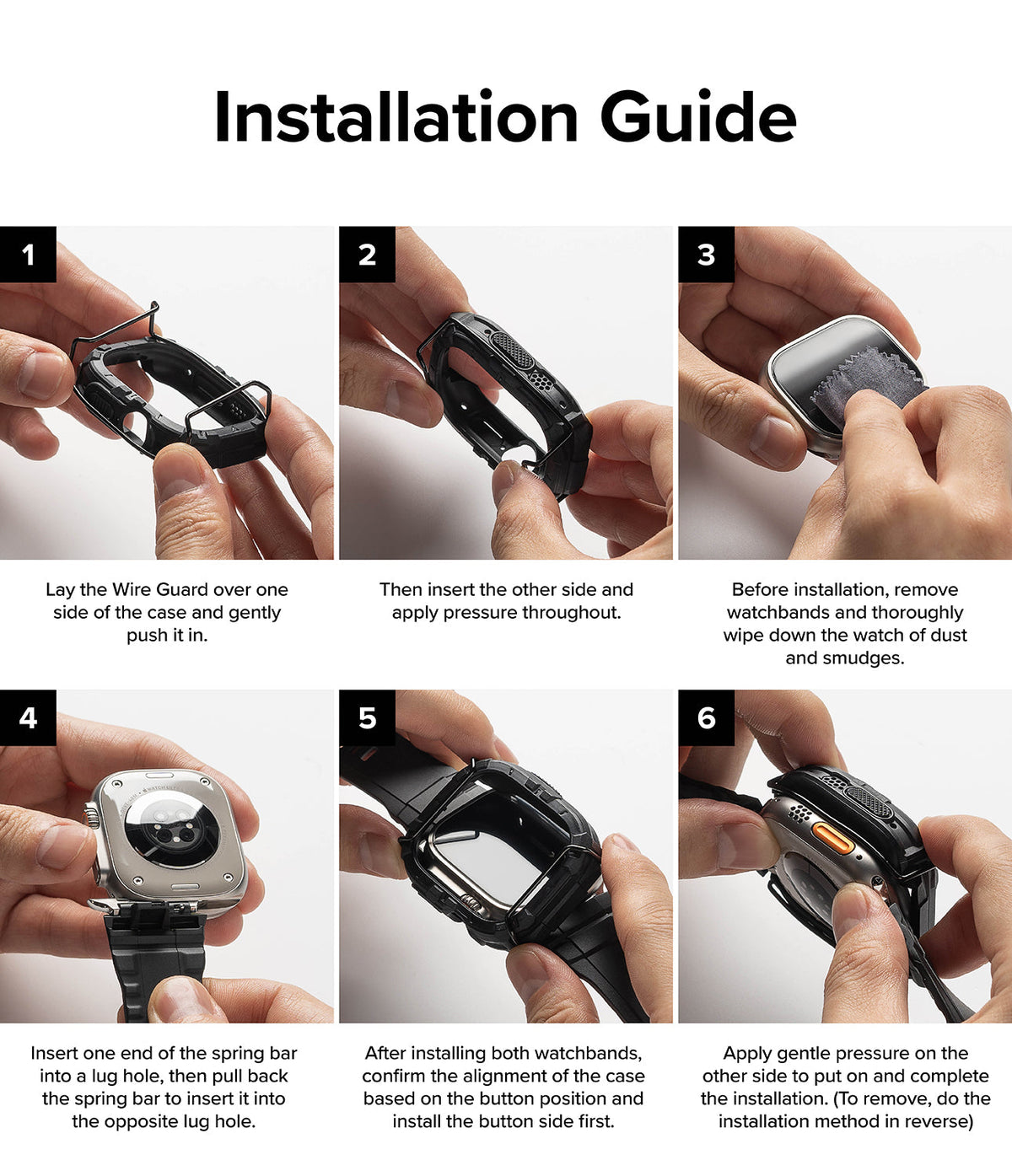 Apple Watch Ultra 3 / 2 / 1 Case + Band | Fusion-X Guard - Six-step visual guide showing how to install the protective case.
