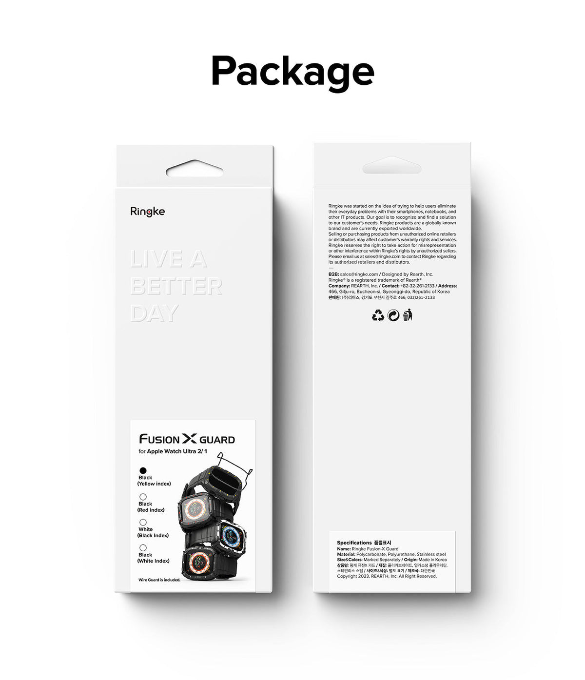Apple Watch Ultra 3 / 2 / 1 Case + Band | Fusion-X Guard - Front and back views of Ringke Fusion-X Guard product packaging.