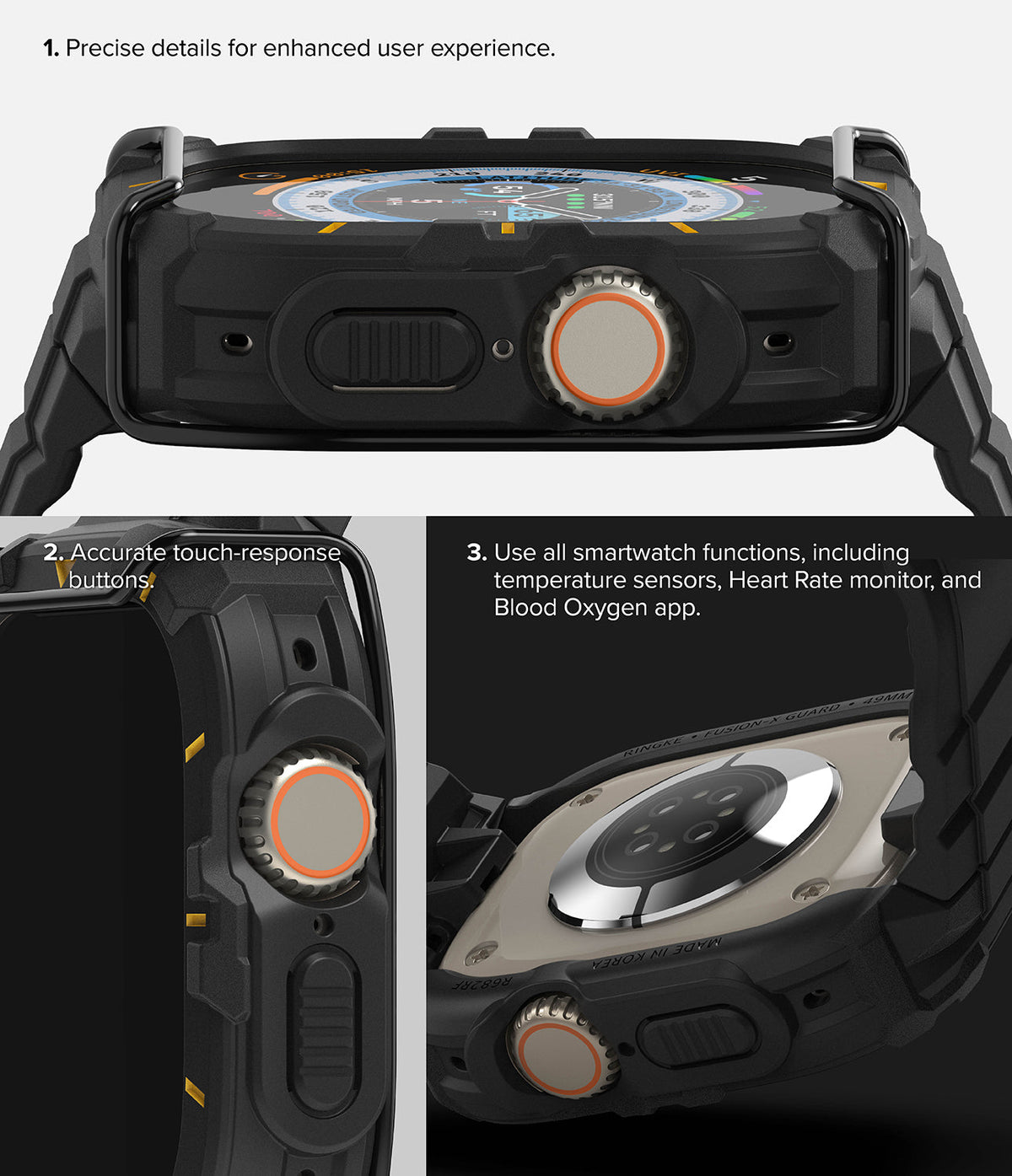 Apple Watch Ultra 3 / 2 / 1 Case + Band | Fusion-X Guard - Apple Watch Ultra Fusion-X Guard - Close-up views of a rugged black protective case showing button access and sensor fit.