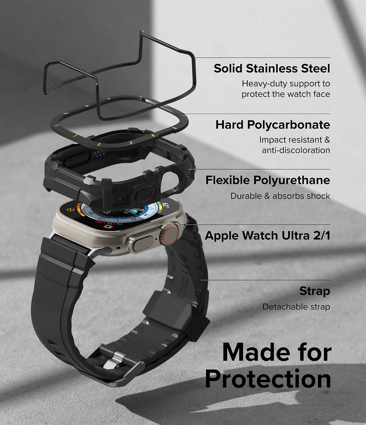 Apple Watch Ultra 3 / 2 / 1 Case + Band | Fusion-X Guard - Exploded view of protective watch case layers and strap.