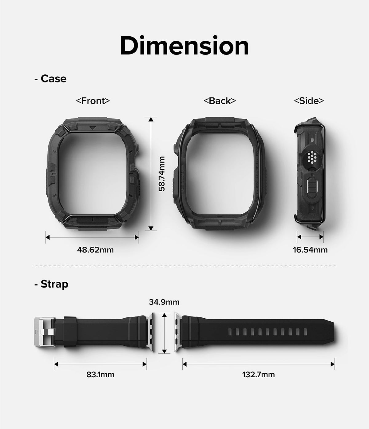Apple Watch Ultra 3 / 2 / 1 Case + Band | Fusion-X Guard - Technical diagram showing dimensions of black watch case and strap.