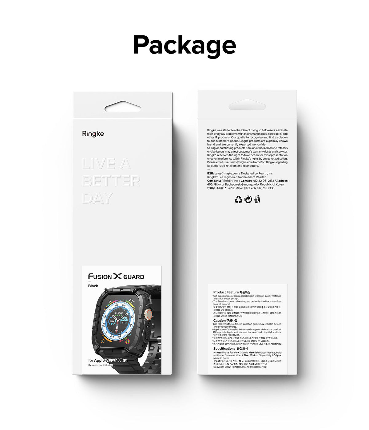 Apple Watch Ultra 3 / 2 / 1 Case + Band | Fusion-X Guard - Front and back view of Ringke protective watch case packaging.