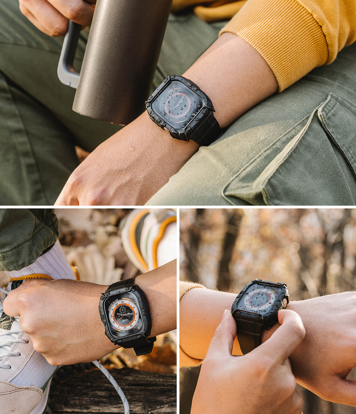 Apple Watch Ultra 3 / 2 / 1 Case + Band | Fusion-X Guard - Rugged black protective case and band on an Apple Watch Ultra.
