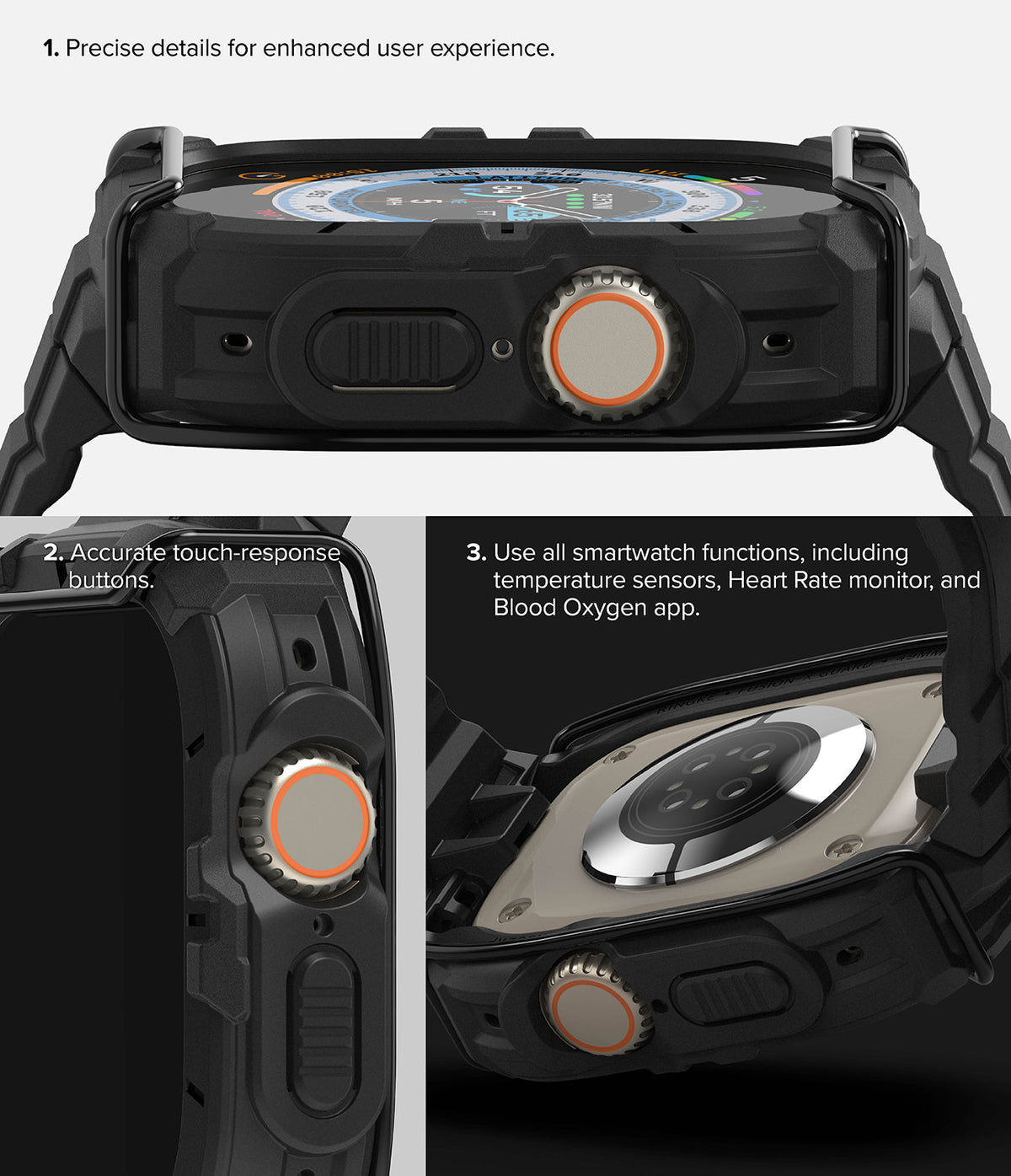 Apple Watch Ultra 3 / 2 / 1 Case + Band | Fusion-X Guard - Apple Watch Ultra Fusion-X Guard - Close-up views of a black protective watch case showing button access and sensor cutouts.