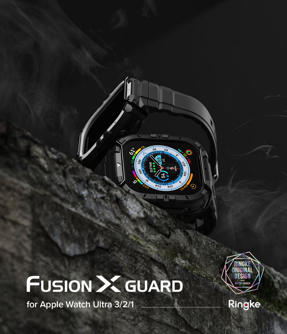 Apple Watch Ultra 3 / 2 / 1 Case + Band | Fusion-X Guard - Rugged black protective case and band on a rocky surface.