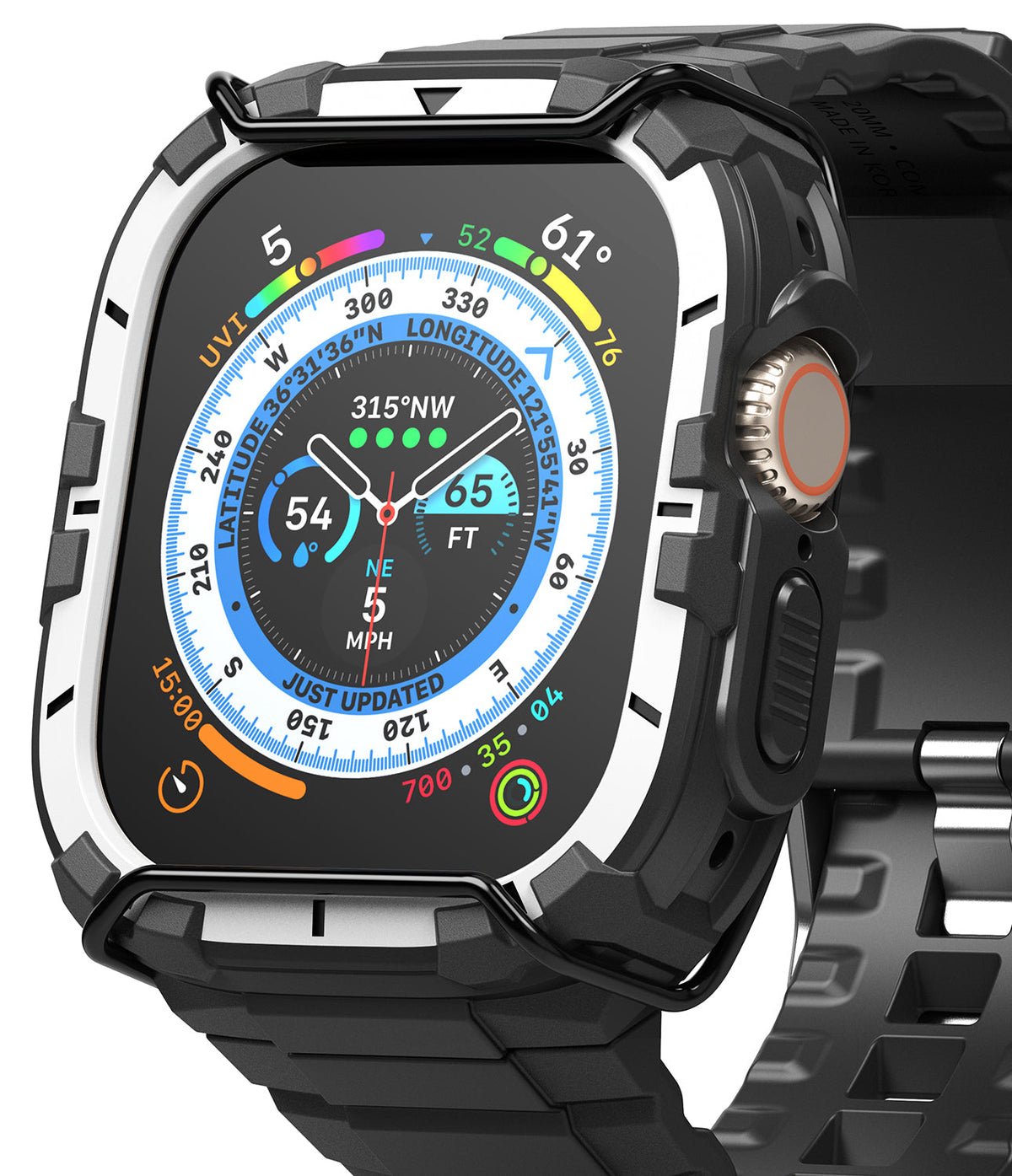 Apple Watch Ultra 3 / 2 / 1 Case + Band | Fusion-X Guard - Rugged black and white protective case on an Apple Watch.