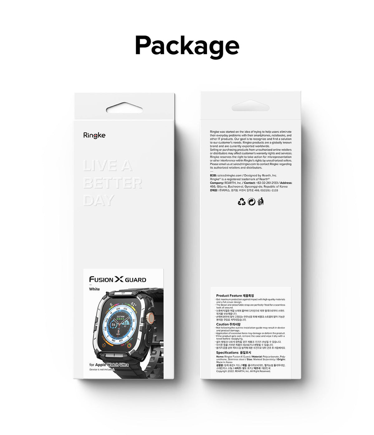 Apple Watch Ultra 3 / 2 / 1 Case + Band | Fusion-X Guard - Front and back view of white Ringke product packaging.