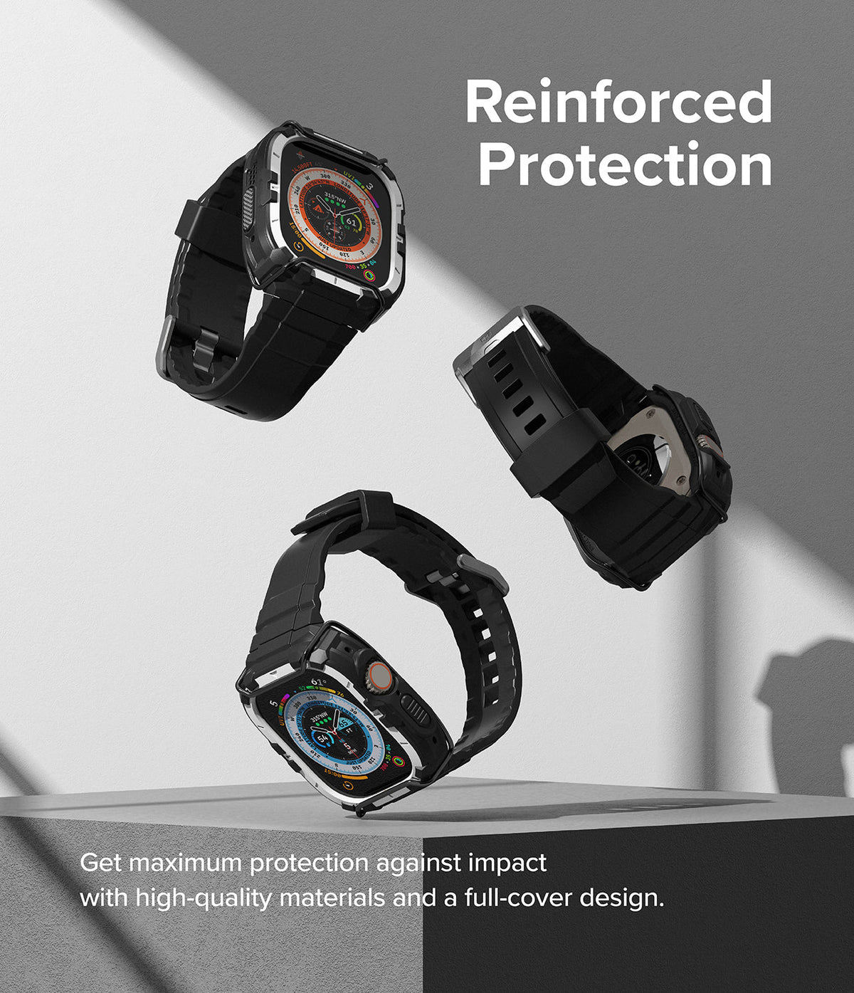 Apple Watch Ultra 3 / 2 / 1 Case + Band | Fusion-X Guard - Three rugged black protective cases floating above a pedestal.