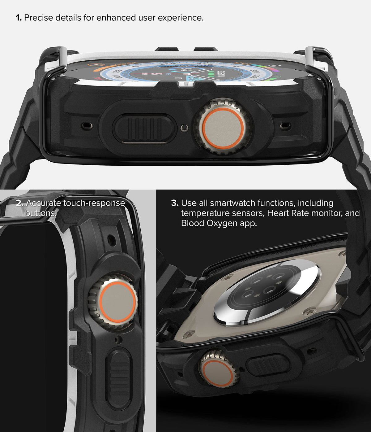 Apple Watch Ultra 3 / 2 / 1 Case + Band | Fusion-X Guard - Close-up views of a black protective case on an Apple Watch.